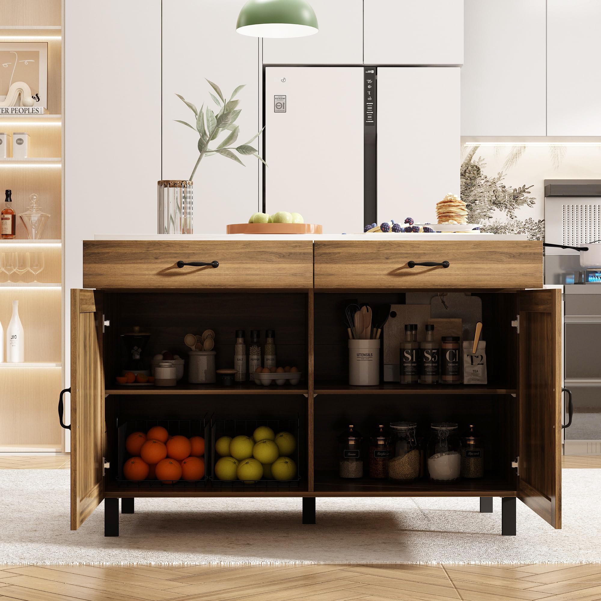 Isola cucina con piano di lavoro, armadio da cucina a cassetti, tavolo centrale con ante e cassetti, buffet marrone e bianco, 120x60x85 cm, MDF