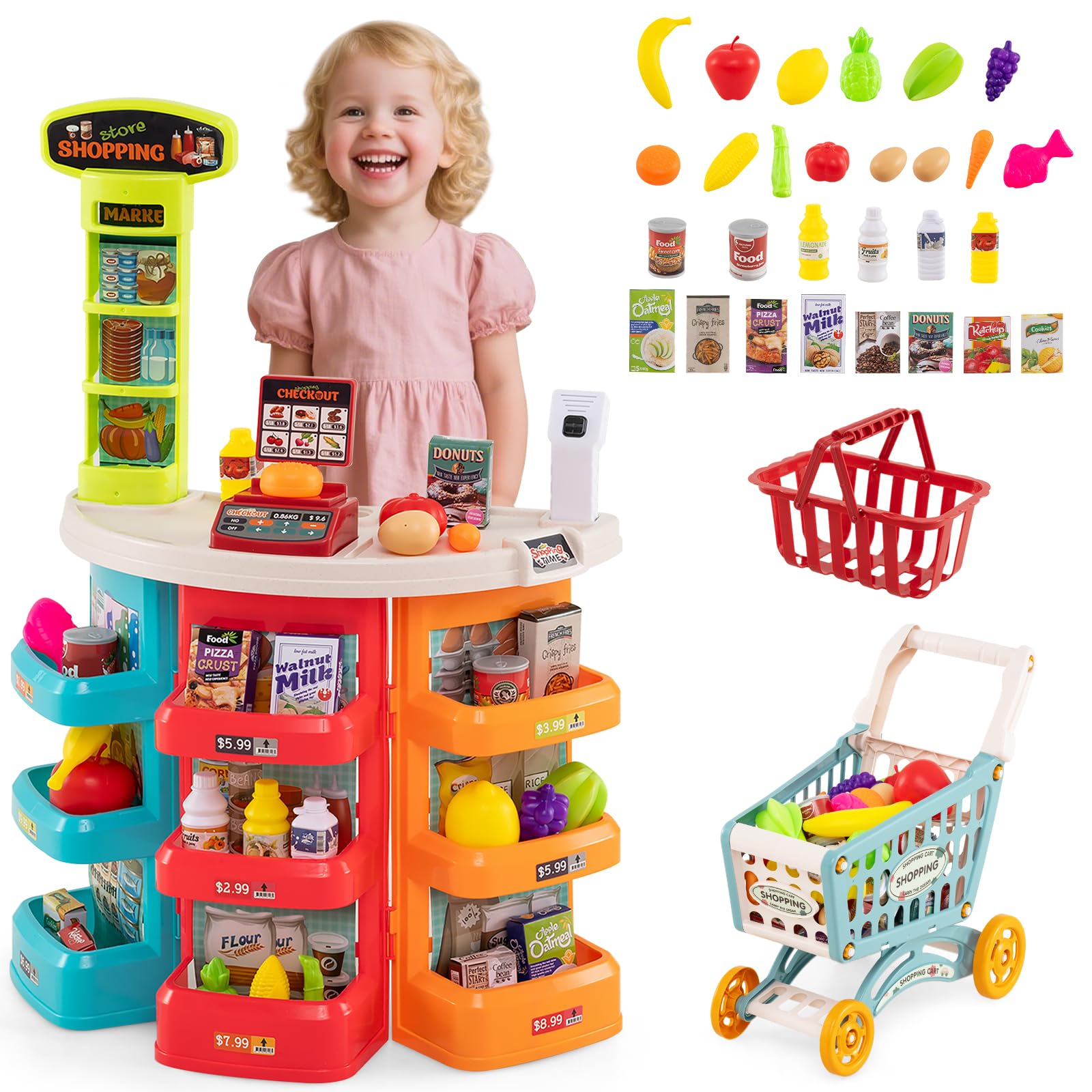 HOMASIS Supermarkt mit Einkaufswagen & 29 Zubehör, Kaufladen mit Licht & Sound, Kaufmannsladen mit Kasse, Waage & Scanner, Supermarkt-Spielset Verkaufsstand Einkaufsladen für Kinder ab 3 Jahren (Blau)