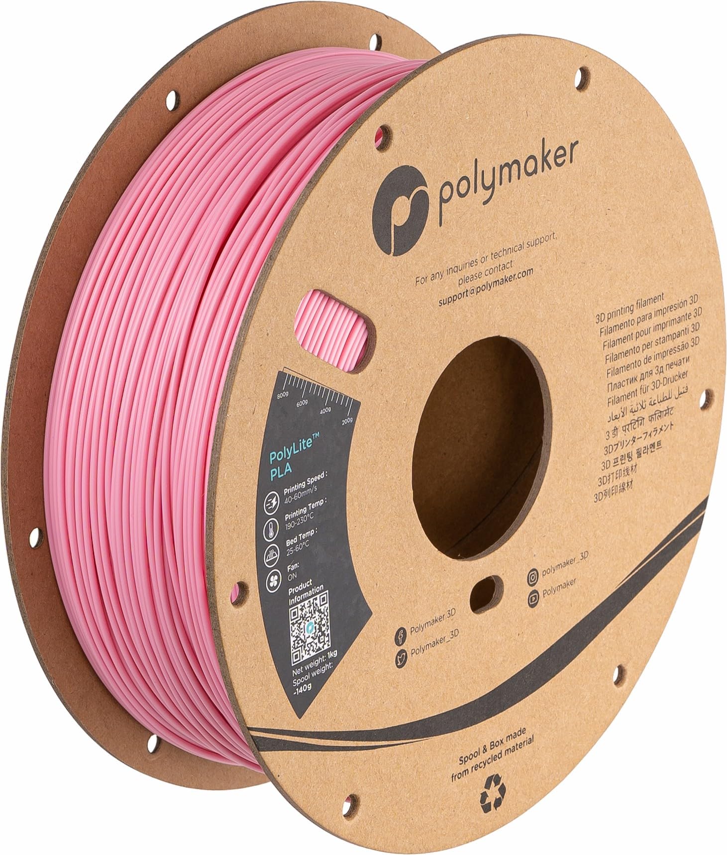Polymaker PLA Filament 1.75mm Pink 1KG Spool, Neatly Wound