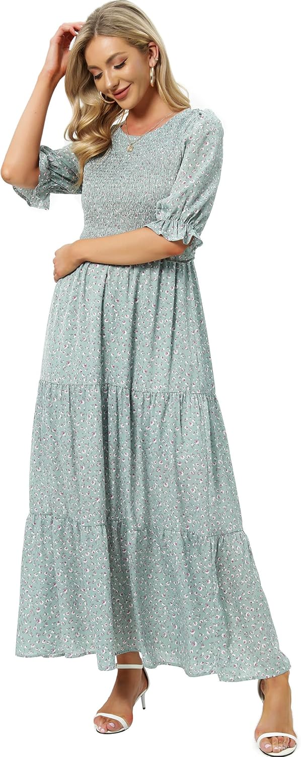 Womens Summer Casual Half Sleeve Bohemian Floral Tiered Maxi Dress - Image 2