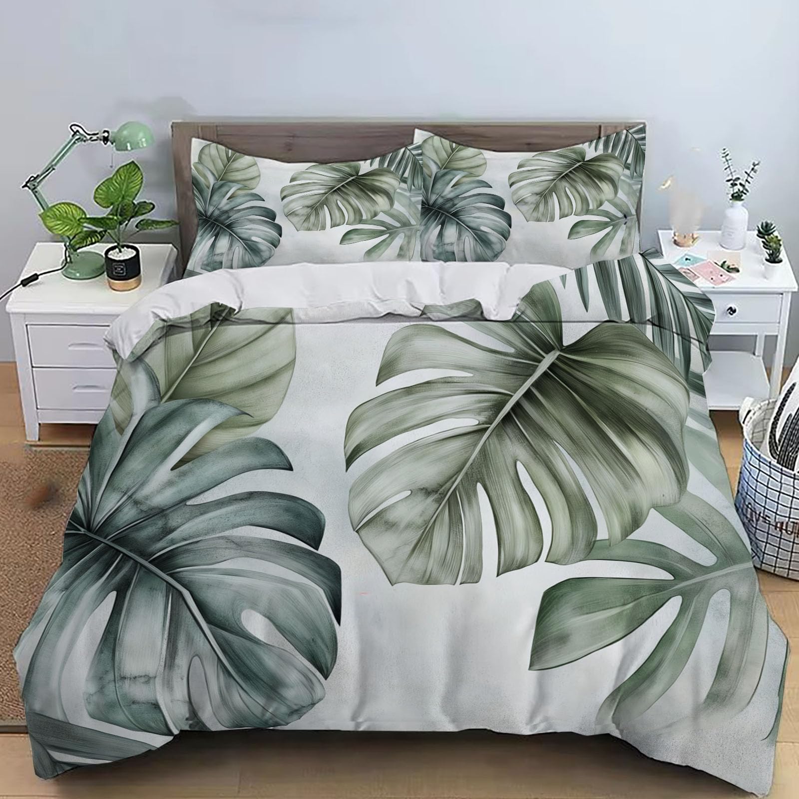 Parure housse couette Monstera réversible lit 220x240 imprimé gris vert