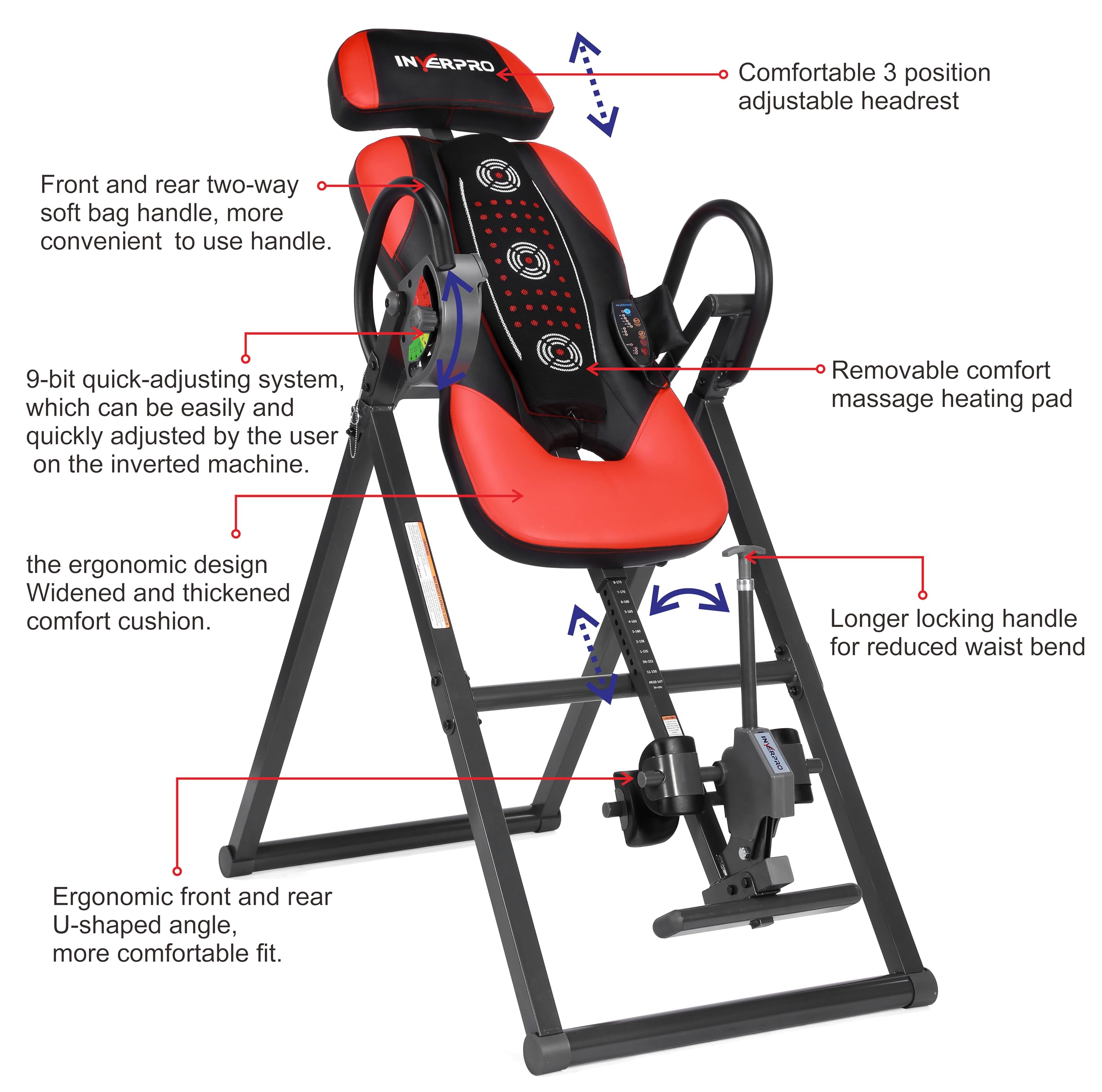 INVERPRO Model AR Advanced Heat and Massage Heavy Duty Deluxe Inversion Table,320 lb Capacity,Black/Red