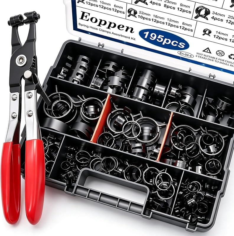 Kit de Abraçadeiras de Mola para Mangueiras Eoppen com Alicate – 195 Peças, 23 Tamanhos de 6 a 38 mm