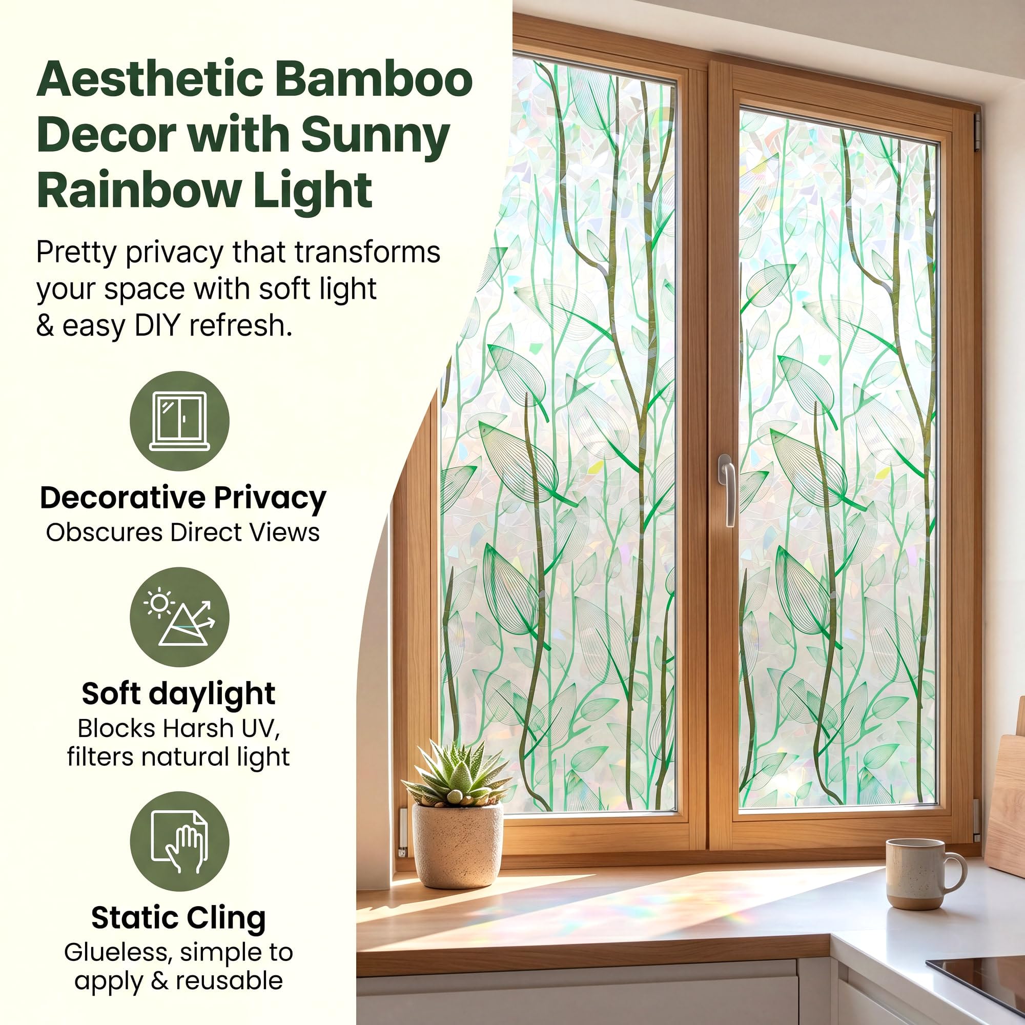 Grünes Regenbogen-Blatt-Buntglas-Fensterfolie, Sichtschutz, kein Kleber