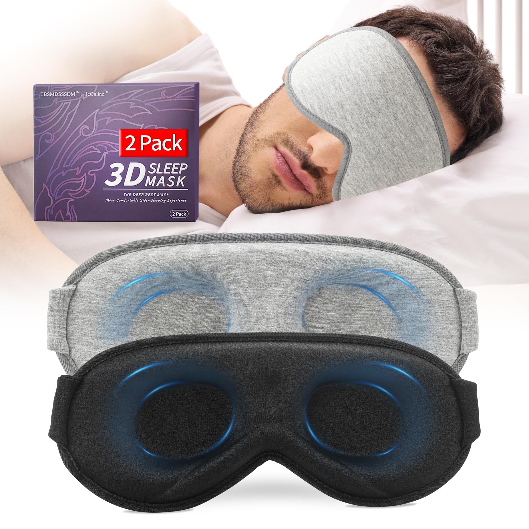 Paquete de 2 antifaz para dormir de lado, bloqueo de luz completo 3D, antifaz suave y transpirable para mujeres y hombres, relajante, cero presión, con correa ajustable, negro y gris