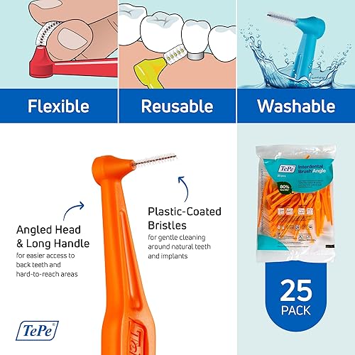 Miniatura 5 de TePe  Cepillo interdental en ángulo, cepillo dental en ángulo para limpieza de dientes, paquete de 25 unidades, 0,45 mm, para espacios extra