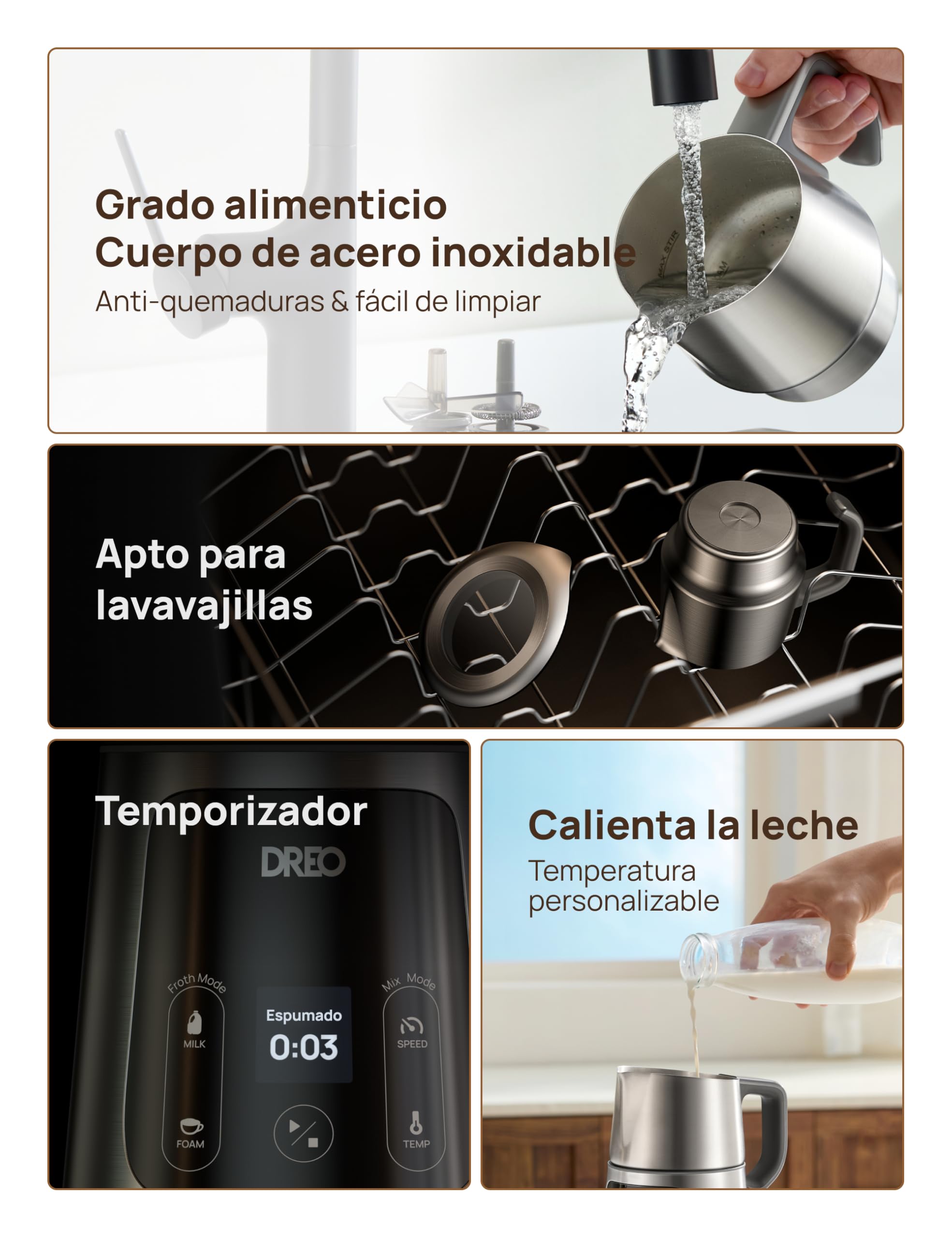 DREO Espumador de Leche Todo en Uno, Creador de Espuma Automático para Microespuma de Nivel de Arte en Latte y Café Caliente/Frío, Calentador de Leche Eléctrico de 27oz/800ml con más de 30 Bebidas