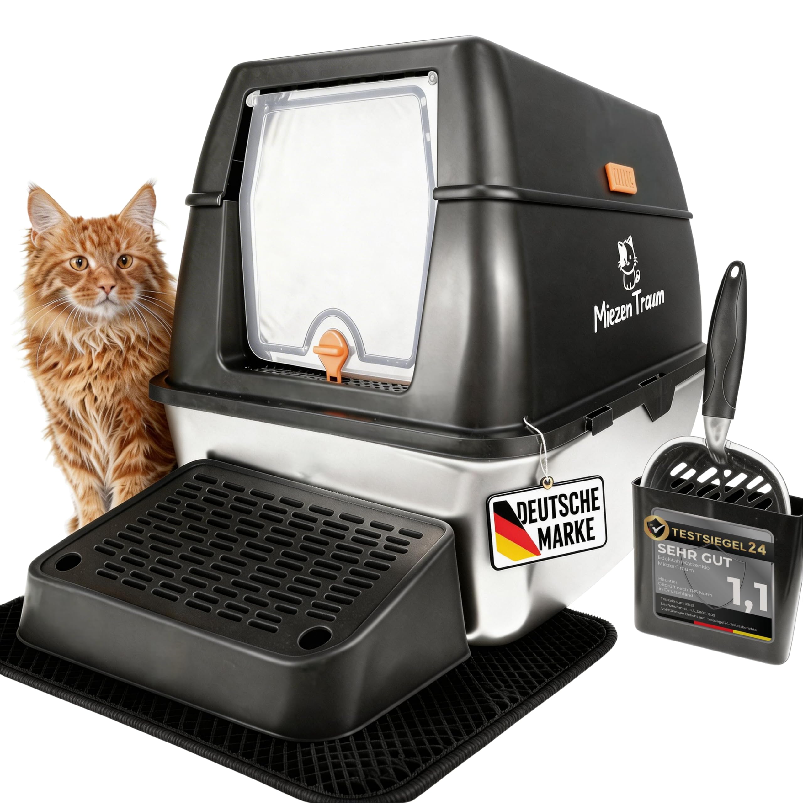 Lettiera per gatti XXL in acciaio inox, grande lettiera chiusa con coperchio, pala di alta qualità e gradino ergonomico, 3 filtri ai carboni attivi, a prova di perdite, 60 x 40 cm (nero)