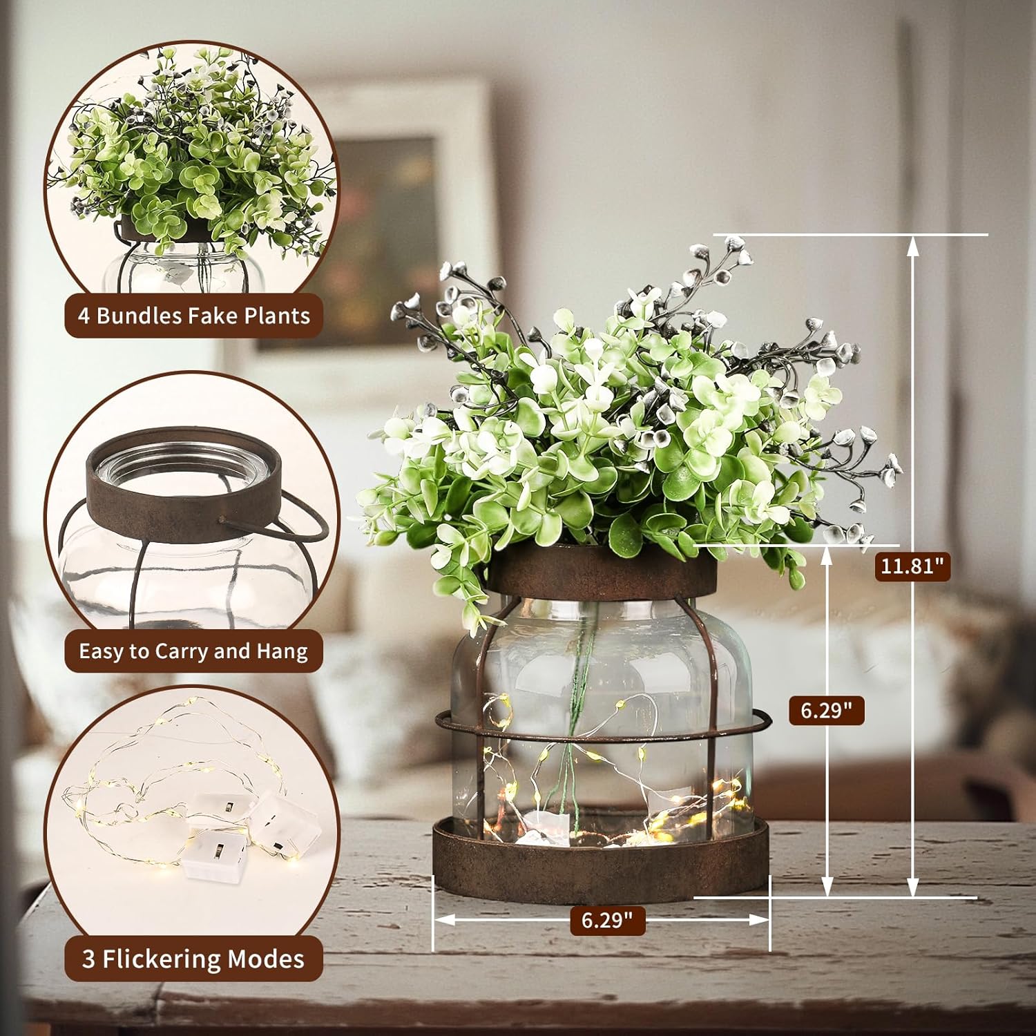 Farmhouse Rustic Vintage Primitive Glass Vases Lantern with Lights Green Artificial Eucalyptus Fake Plants Home Decor Centerpiece for Coffee Office Dining Table Shelf Desk Counter Kitchen Bathroom - Image 4