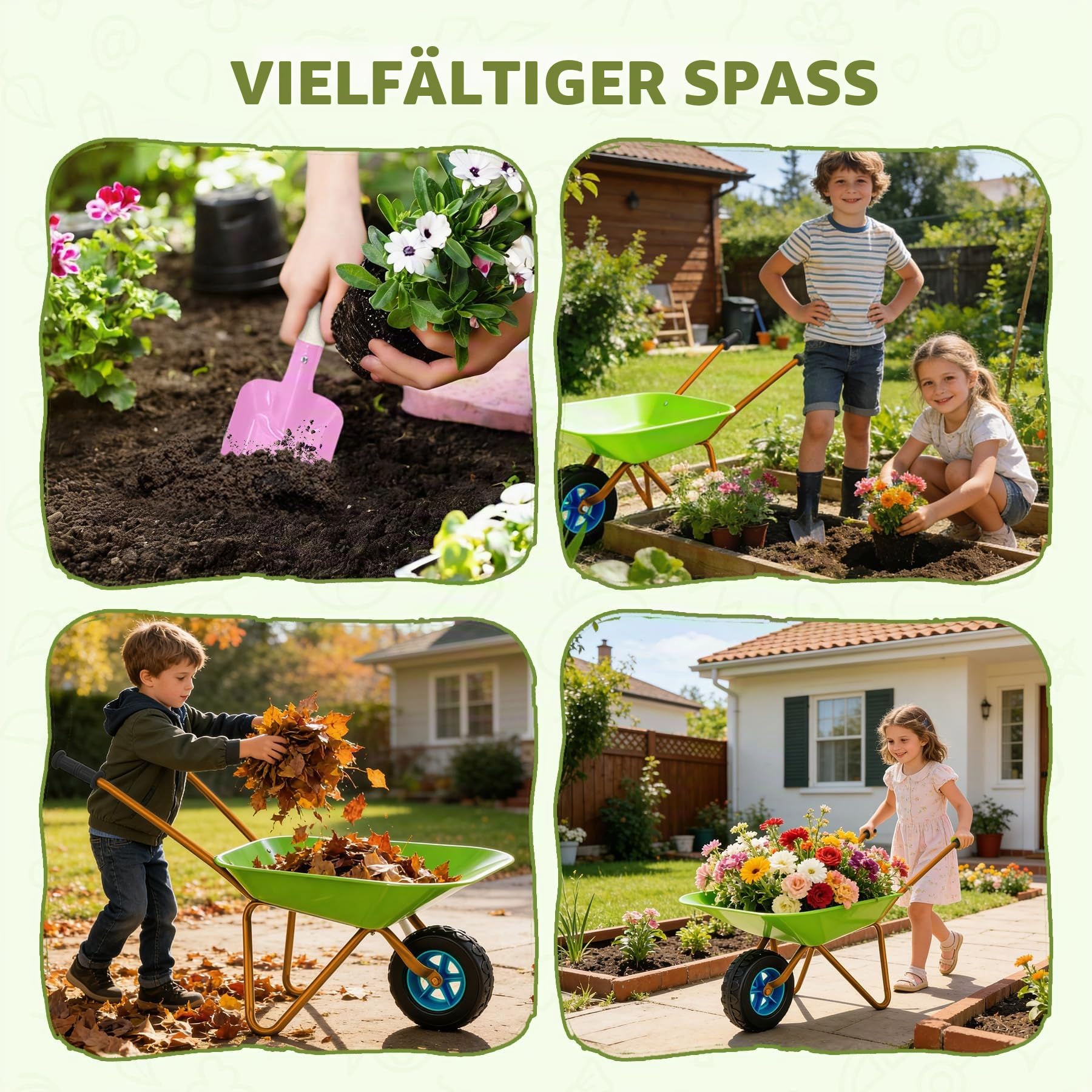 Schubkarrenset für Kinder, Gartenschubkarre en Metal, Kinder Gartengeräte, Gartenwerkzeug Kinder zum Spielen im Freien (Grünrosa)