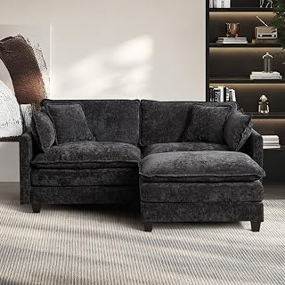 76.7” Modular Sectional Sofa Upholstered 2 Seater Chenille Loveseat L-Shaped Convertible Cloud Couch with 1 Ottoman and Pillows for Living Room,Apartment,Home Theater(Black)