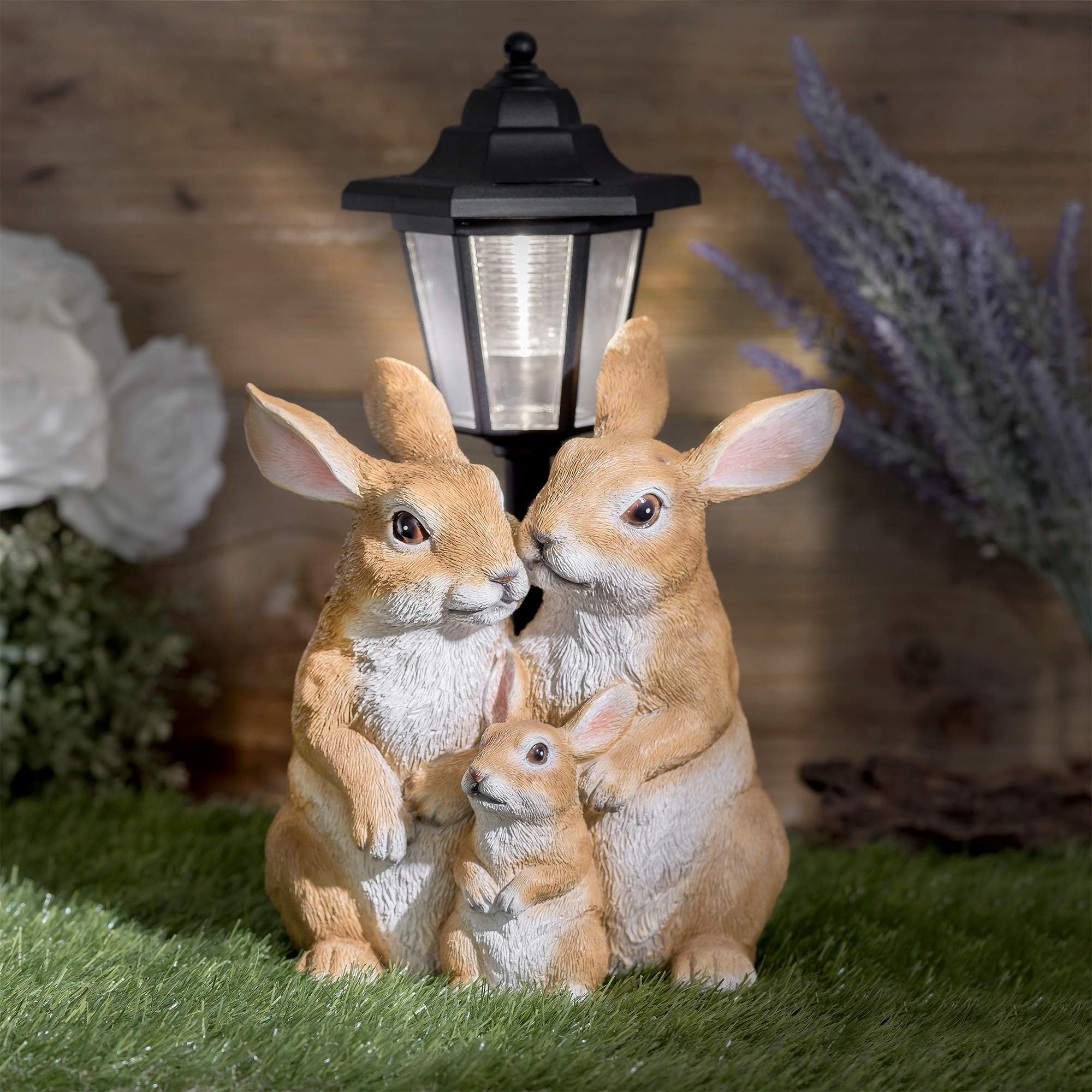 Solar Rabbit Family with Lantern Post Light โ Resin Garden Ornaments Outdoor Use - Solar Garden Lights for Yard, Patio, Lawnโ Charming Animal Figurines