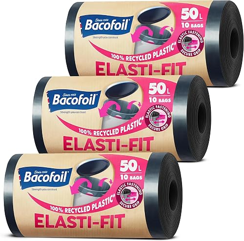 Bacofoil Elasti-Fit Bin Liners - 50L Recycled bin bags, 3 Rolls (30 Bags) - Leak-Proof, Elastic Fastening for Secure Fit - Made from 100% Recycled Plastic - Eco-Friendly Waste Disposal.