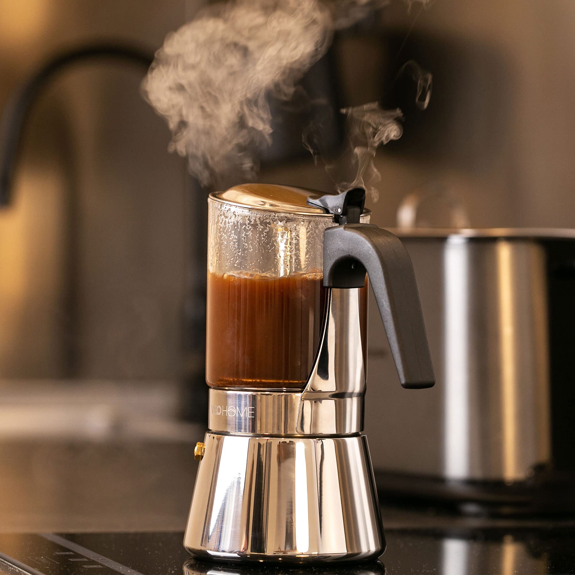 VeoHome Cafetera Italiana Transparente de Vidrio y Acero Inoxidable – 6 Tazas/360ml – Cocina Inducción, Vitrocerámica y Gas – Cafetera Moka Resistente y Apta para Lavavajillas