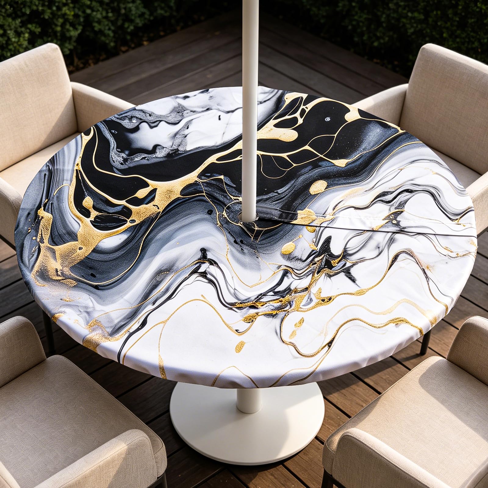 Guerity Waterproof Round Table Cloth, Outdoor Round Tablecloth with Elastic Fitted, Wipeable Circle Table Cover for Garden, Patio, Dining Room