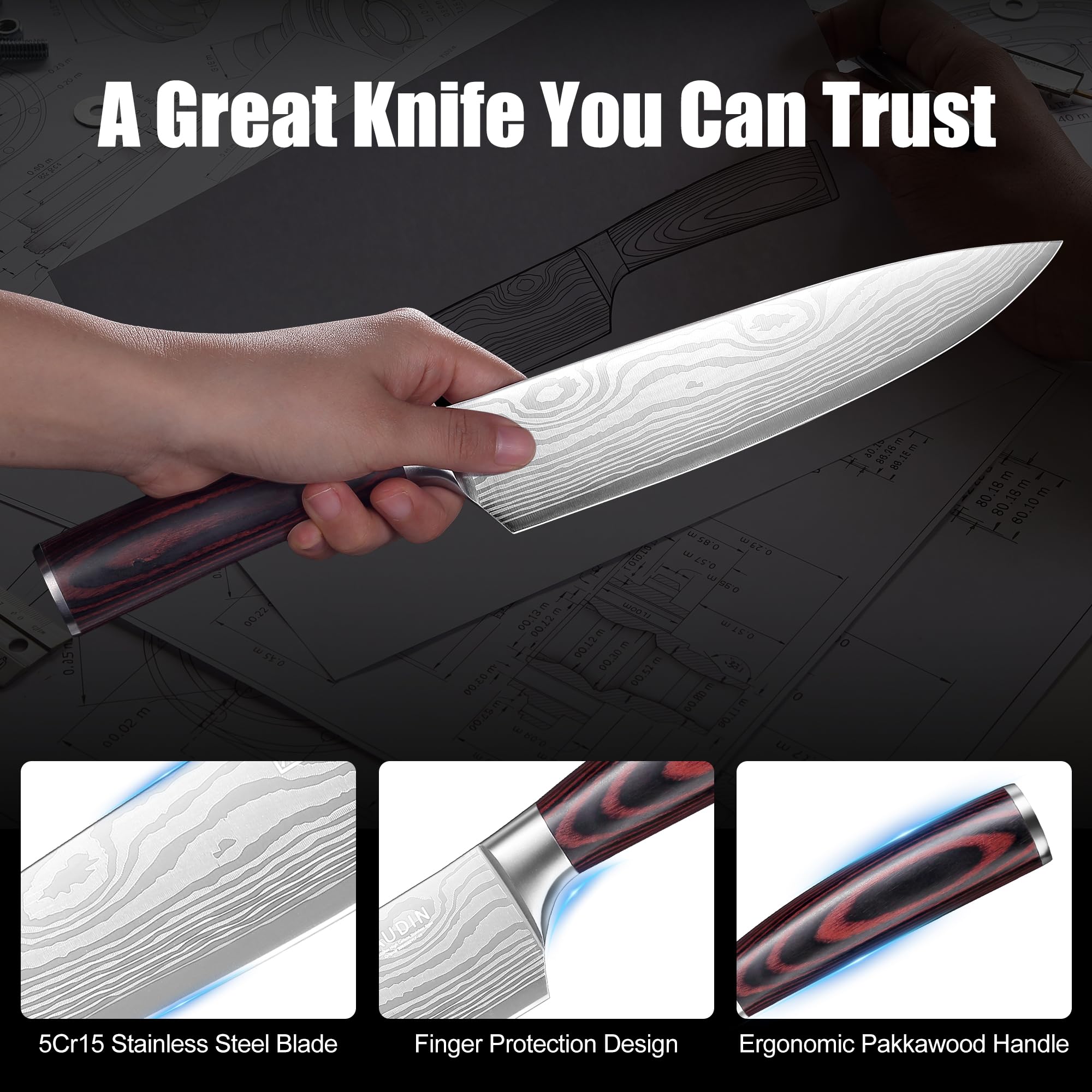 PAUDIN Chef Knife, 8 Inch High Carbon Stainless Steel Sharp Kitchen Knife with Ergonomic Handle, Gift Box for Family & Restaurant — Amazon image 10
