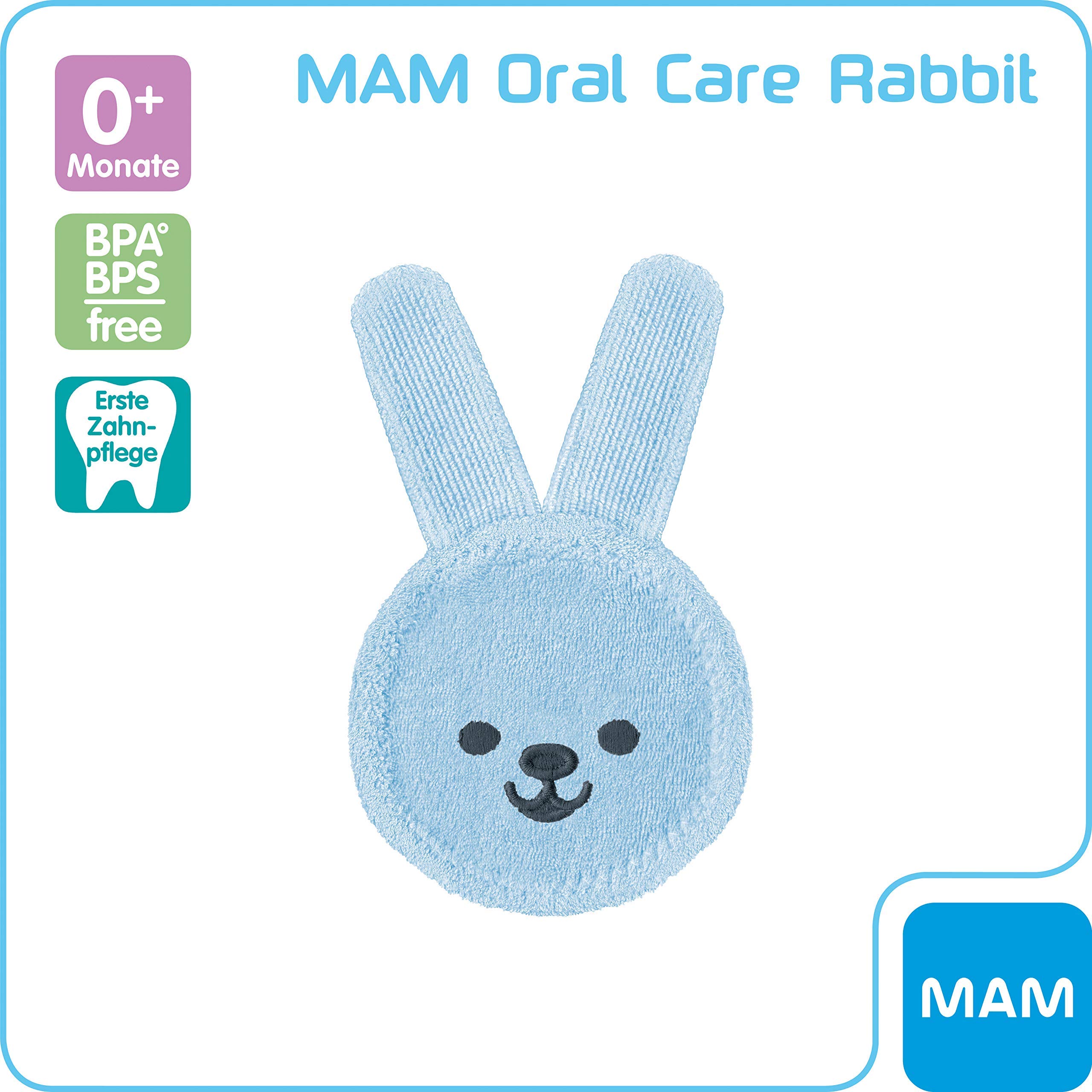 MAM Oral Care Rabbit dla niemowląt, pierwsza higiena jamy ustnej, delikatna pielęgnacja zębów z miękkiego materiału z mikrofibry, dzieci przyzwyczajają się do codziennego mycia jamy ustnej, od 0+ miesięcy, kolor niebieski