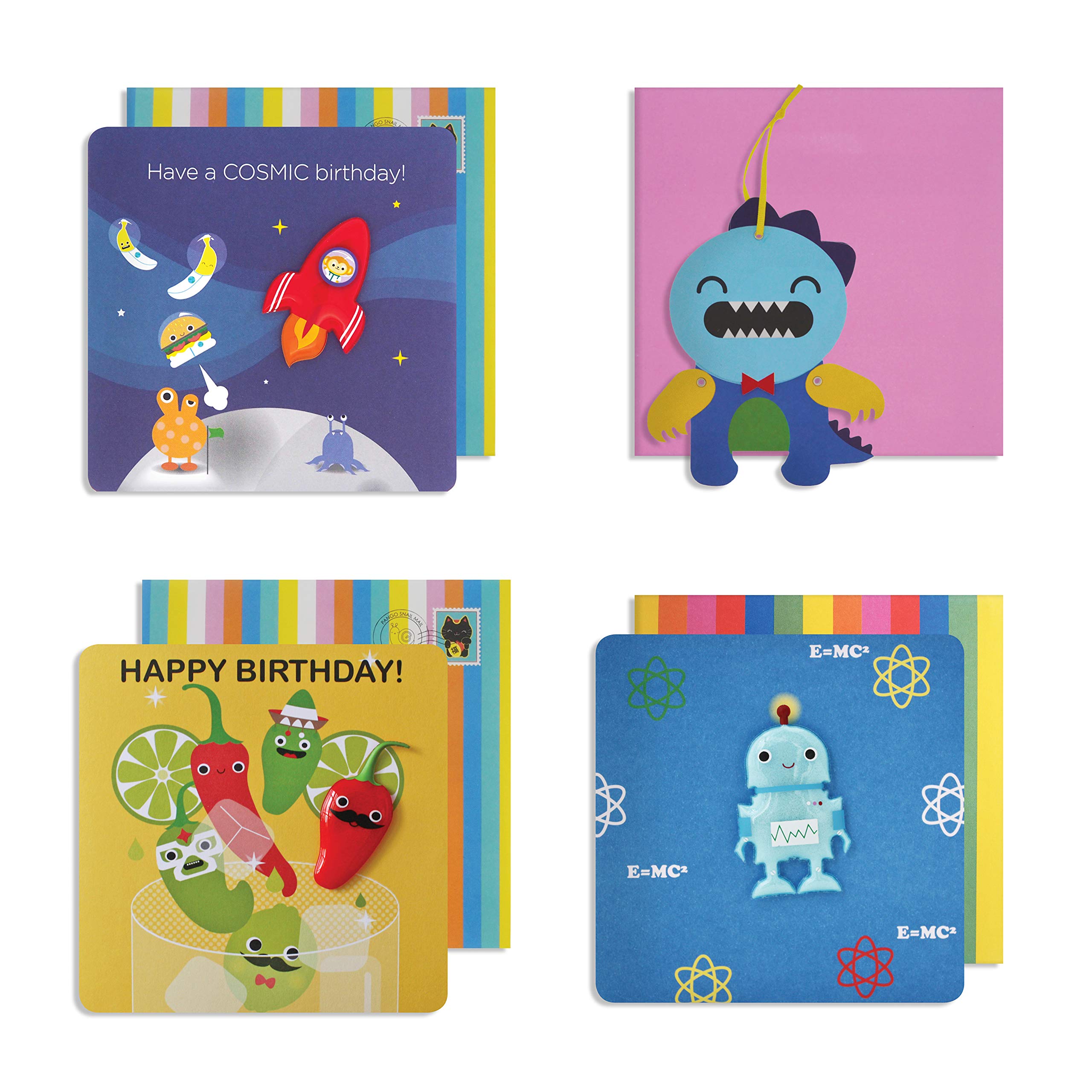 Pango Productions Bundle of Four Boy's Greeting Cards - rocket - monster - chili - robot
