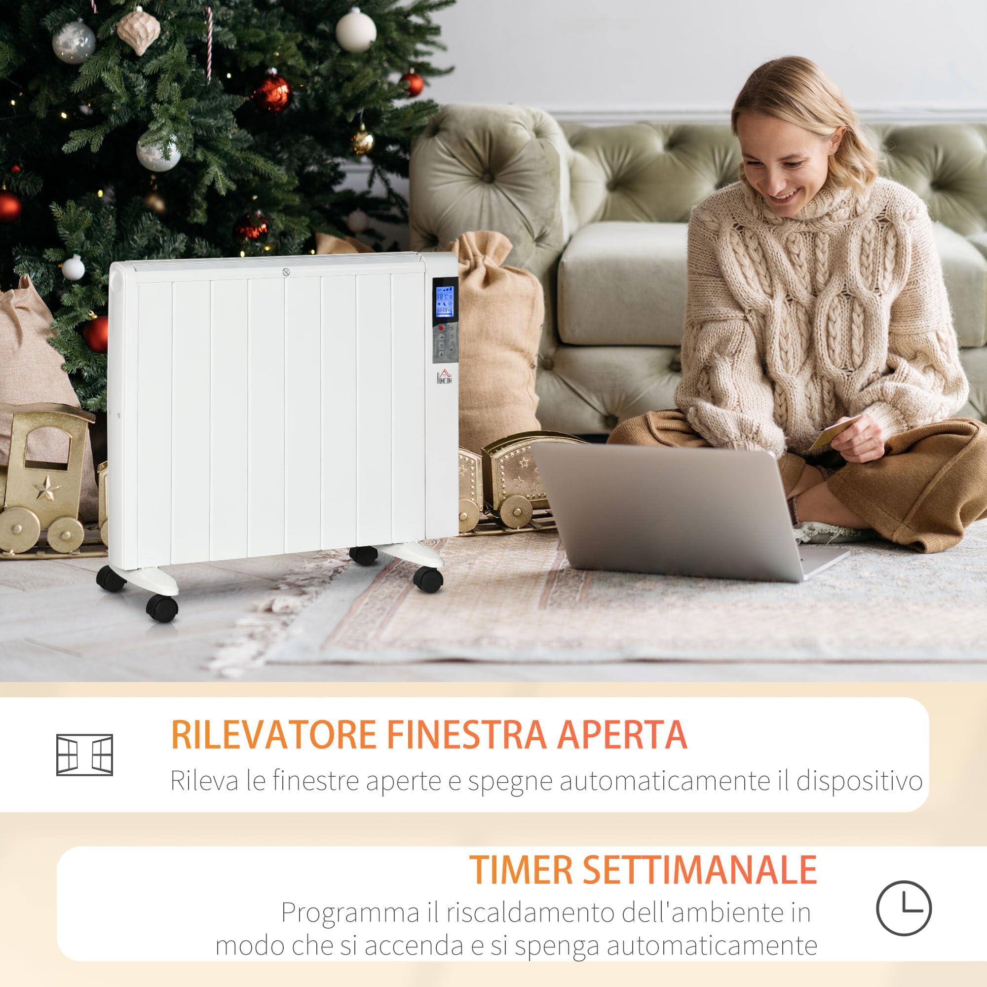 HOMCOM Stufetta Elettrica Basso Consumo Portatile 75x31x66.5 cm Bianco | 1000/2000W Termoventilatore a Terra e Parete, Termoconvettore con Telecomando, Antiribaltamento e Anti-Surriscaldamento