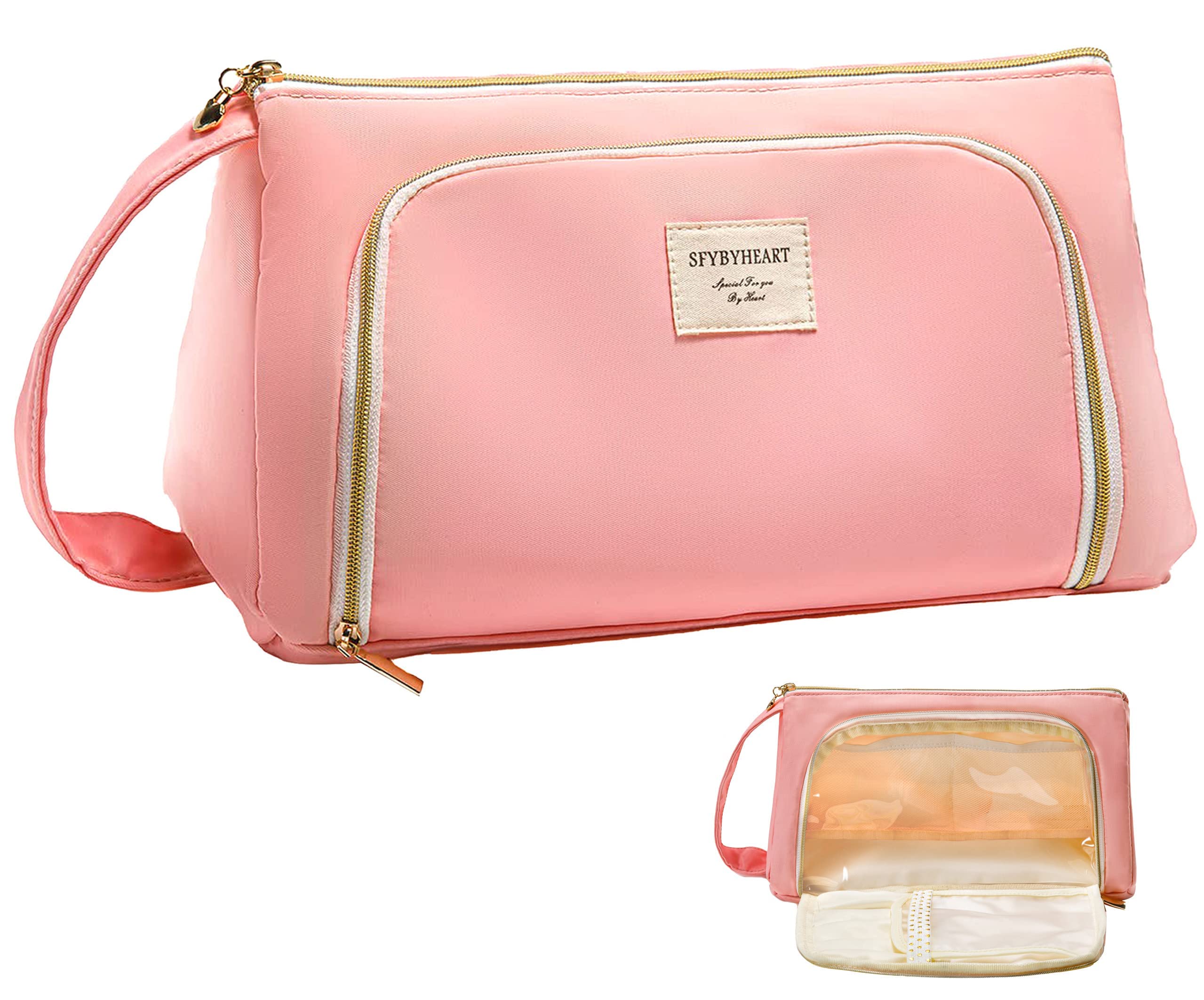 Travel Toiletry Bag, Make Up Bag with TSA Approved Clear Cosmetic Bag & Brush Set, Water-Resistant Toiletry Bags, Travel Organizer Toiletries Accessories & Essentials, Gift Idea for Mom, Women, Pink