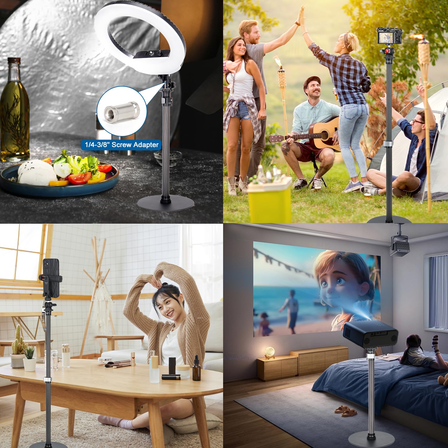 Koolehaoda Soporte de trípode para escritorio, soporte de luz ajustable, poste de extensión de fibra de carbono, trípode de escritorio con base pesada, cabezal giratorio de 360° para cámara DSLR, luz,
