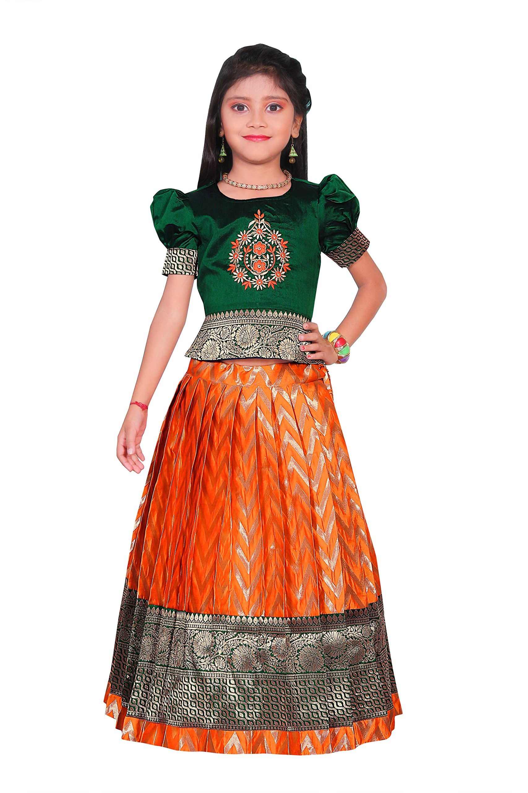 COMRATENew south Indian traditional pattu pavadai Jecquard Lehenga choli for girls dress, Green, 18 Months-24 Months