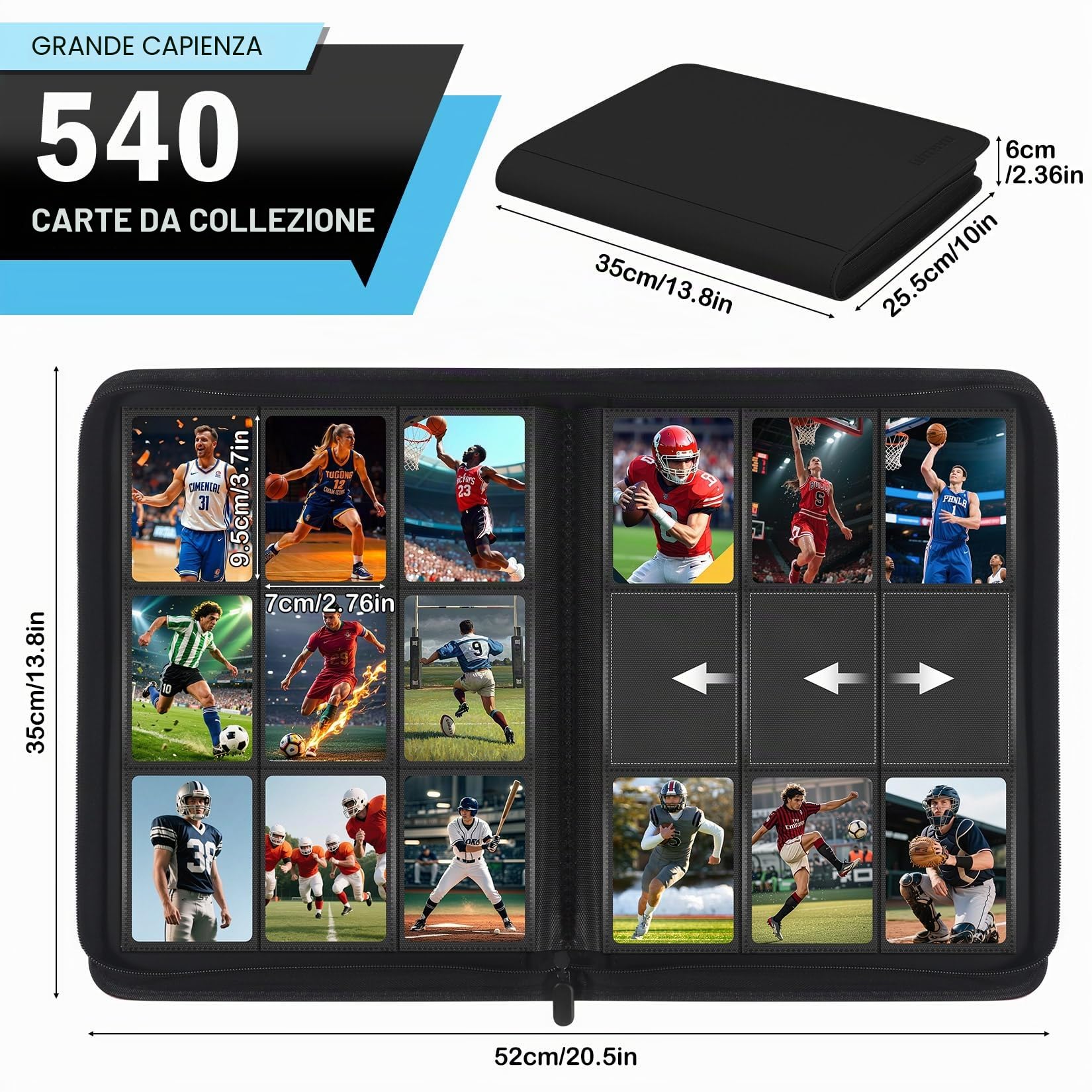 WITHYU Album da Collezione per Carte con 9 Tasche, Capienza 540 Carte - Portacarte Impermeabile con Caricamento Laterale e Cerniera per TCG, Calcio & Collezione, Portatile (Nero)