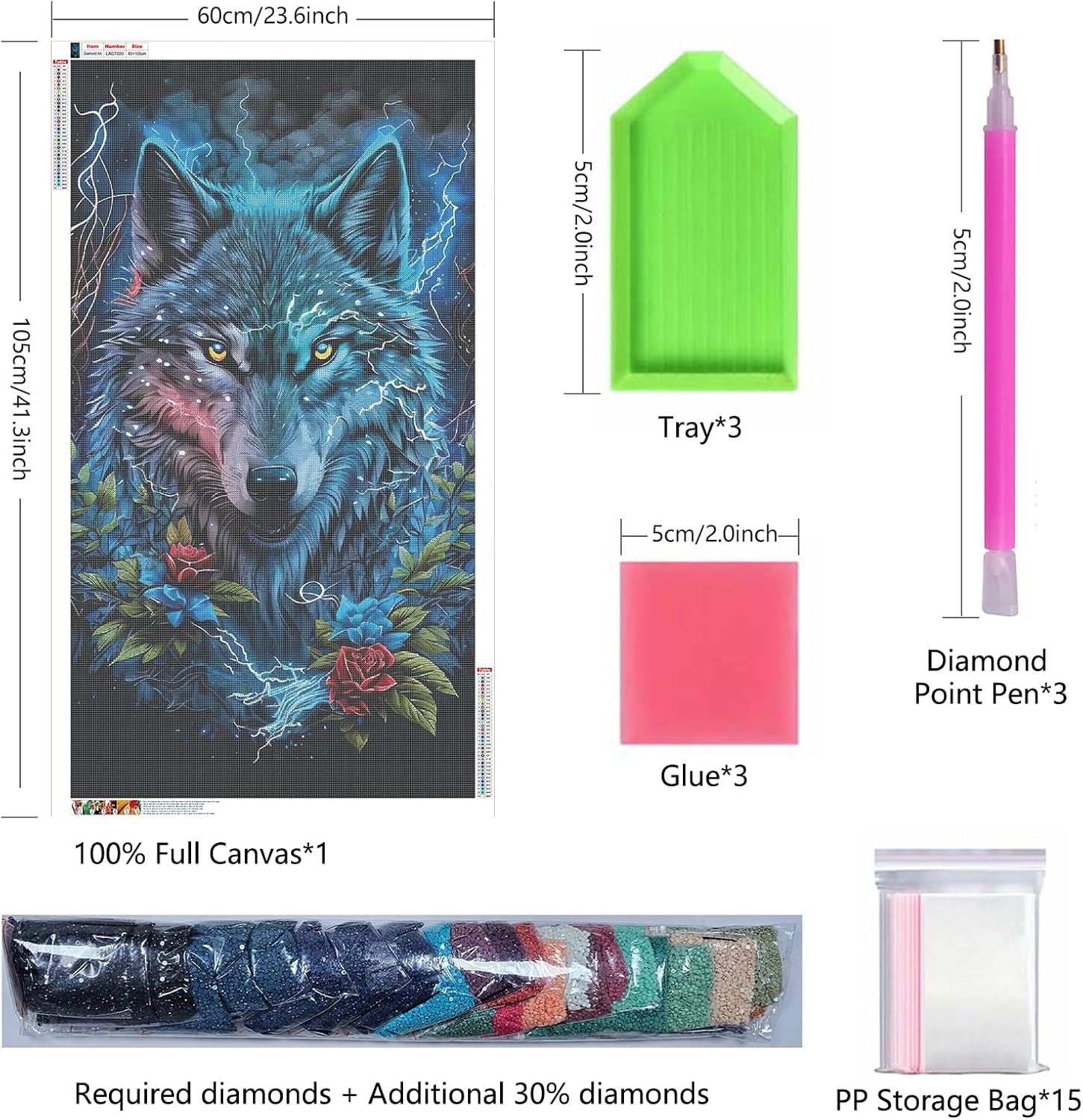 ARTGOTO Extra Large Diamond Art Painting Kits for Adults,23.6x41.3 inches/60x105 cm Wolf A DIY Full Round Drill Diamond Dots,Extra Large Size for Home Wall Decor Gifts