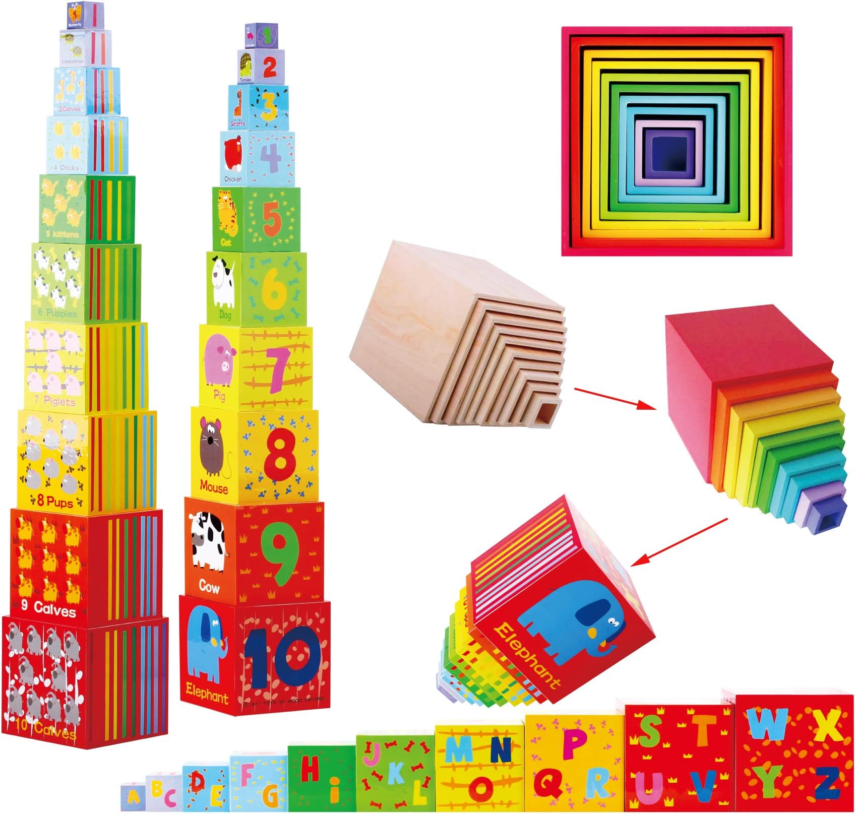 TOWO Wooden Stacking Boxes-Nesting and Sorting Cups Numbers Alphabet Animals Blocks for Toddlers-Stacking Cubes Educational Toys for 2 years old Montessori Materials