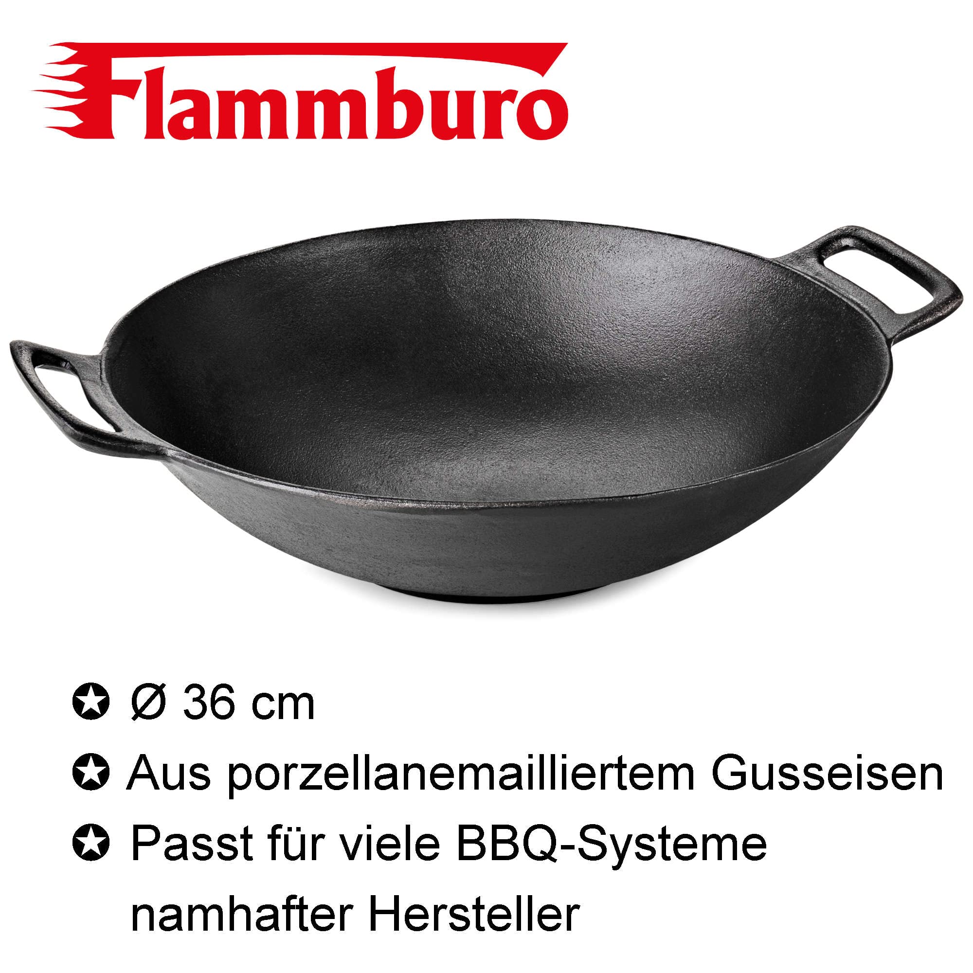 FLAMMBURO BBQ SYSTEM Wok Ø 36 cm – Ghisa con rivestimento smaltato in porcellana – Per verdure e carne – Diametro 36 cm – Compatibile con sistemi di barbecue standard di mercato di noti produttori