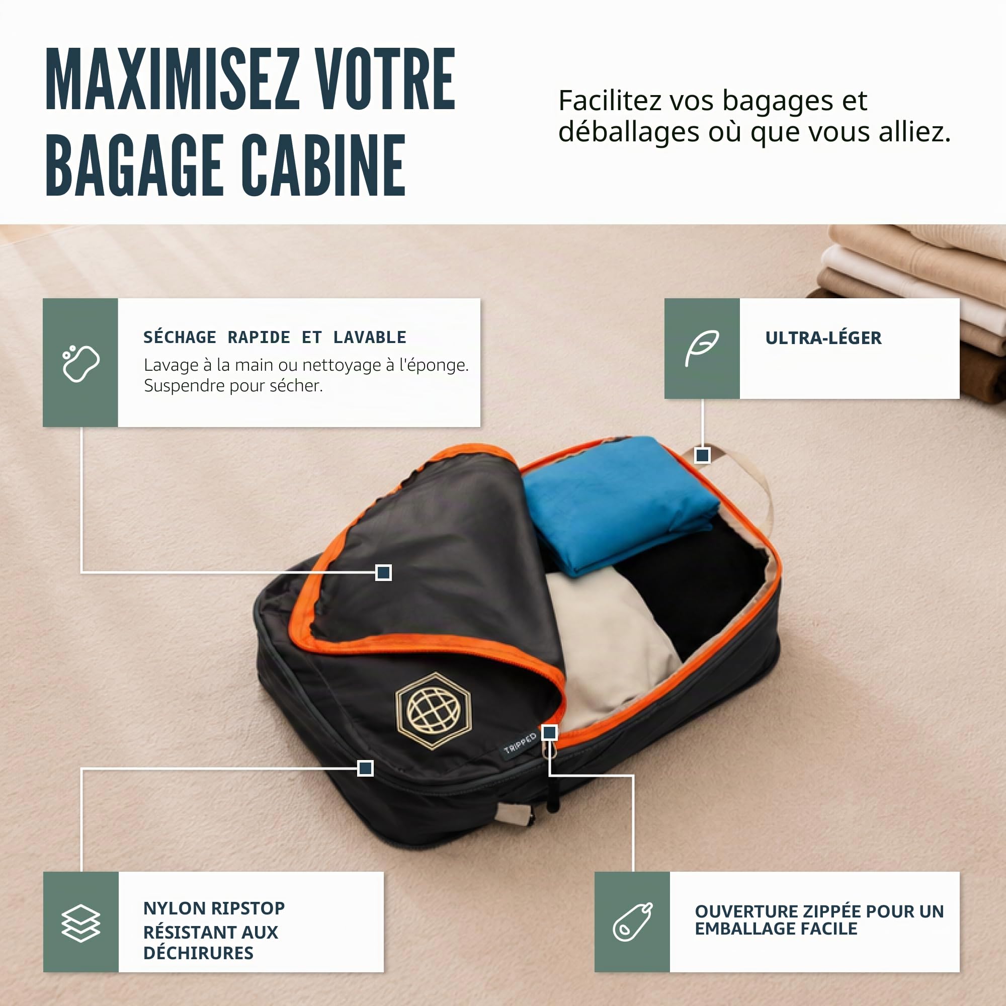 Lot de 6 cubes d'emballage de compression pour voyage, gris et orange