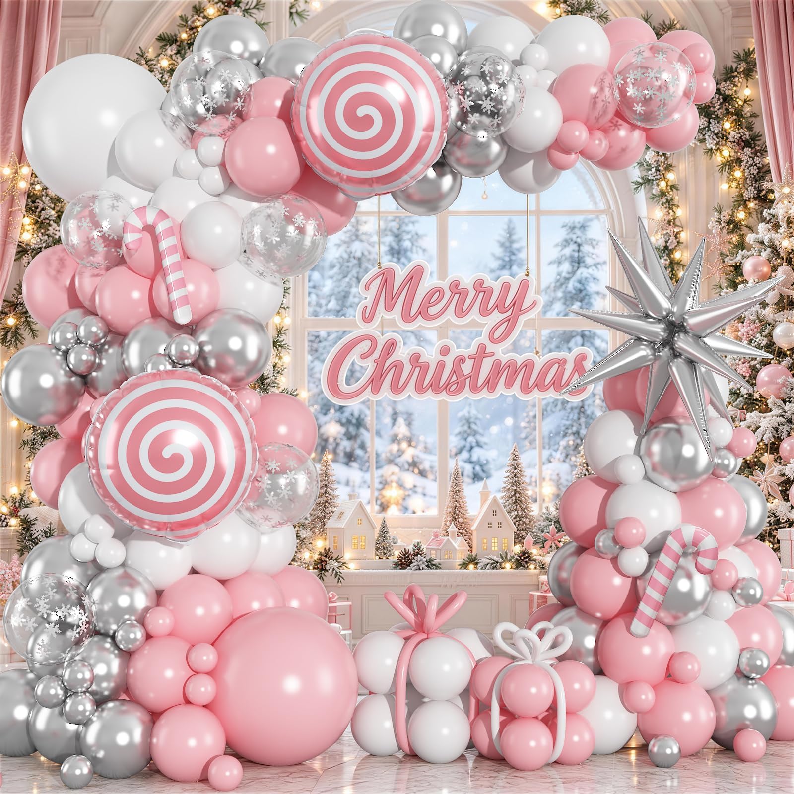 131Pcs Pink Christmas Winter Wonderland Balloon Arch Kit Girl Party Decor — image 1
