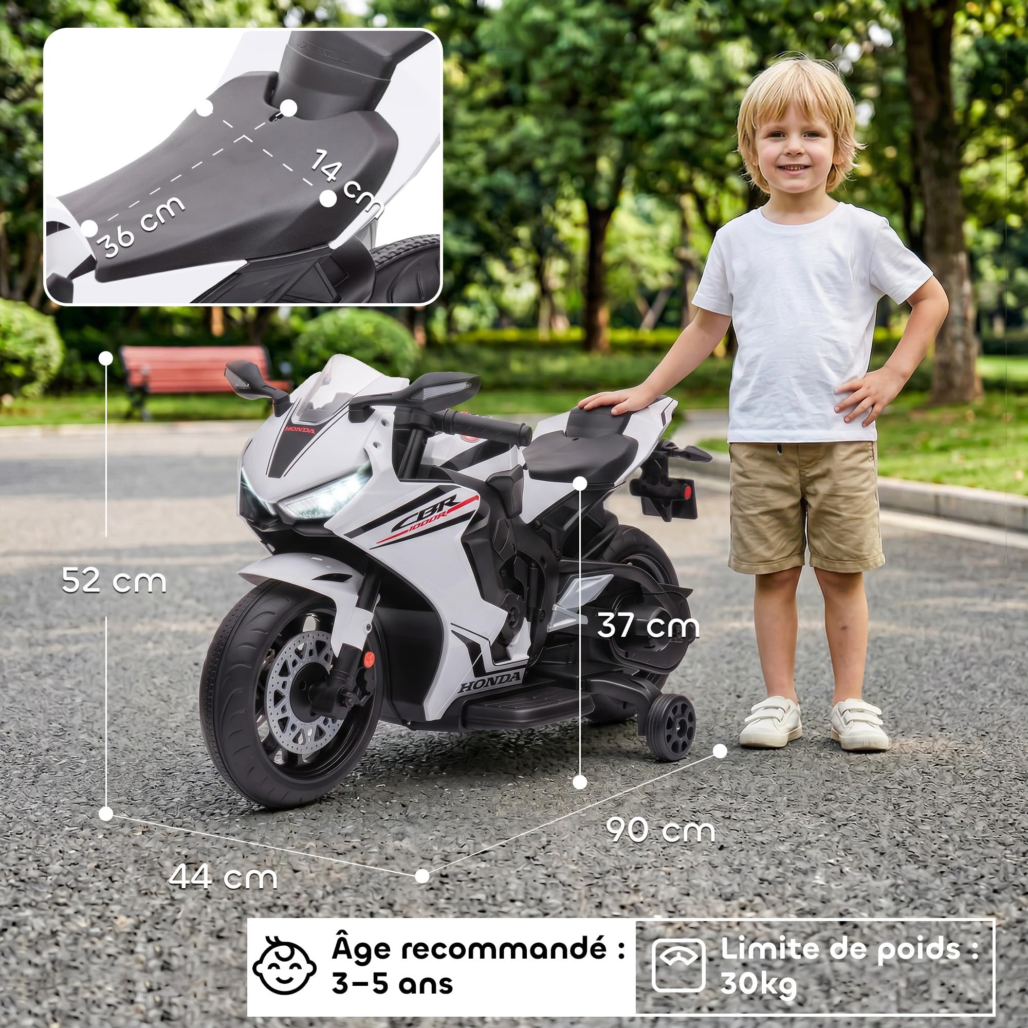 HOMCOM Moto Électrique Enfants sous Licence Honda 6 V 3-5 Ans Blanc