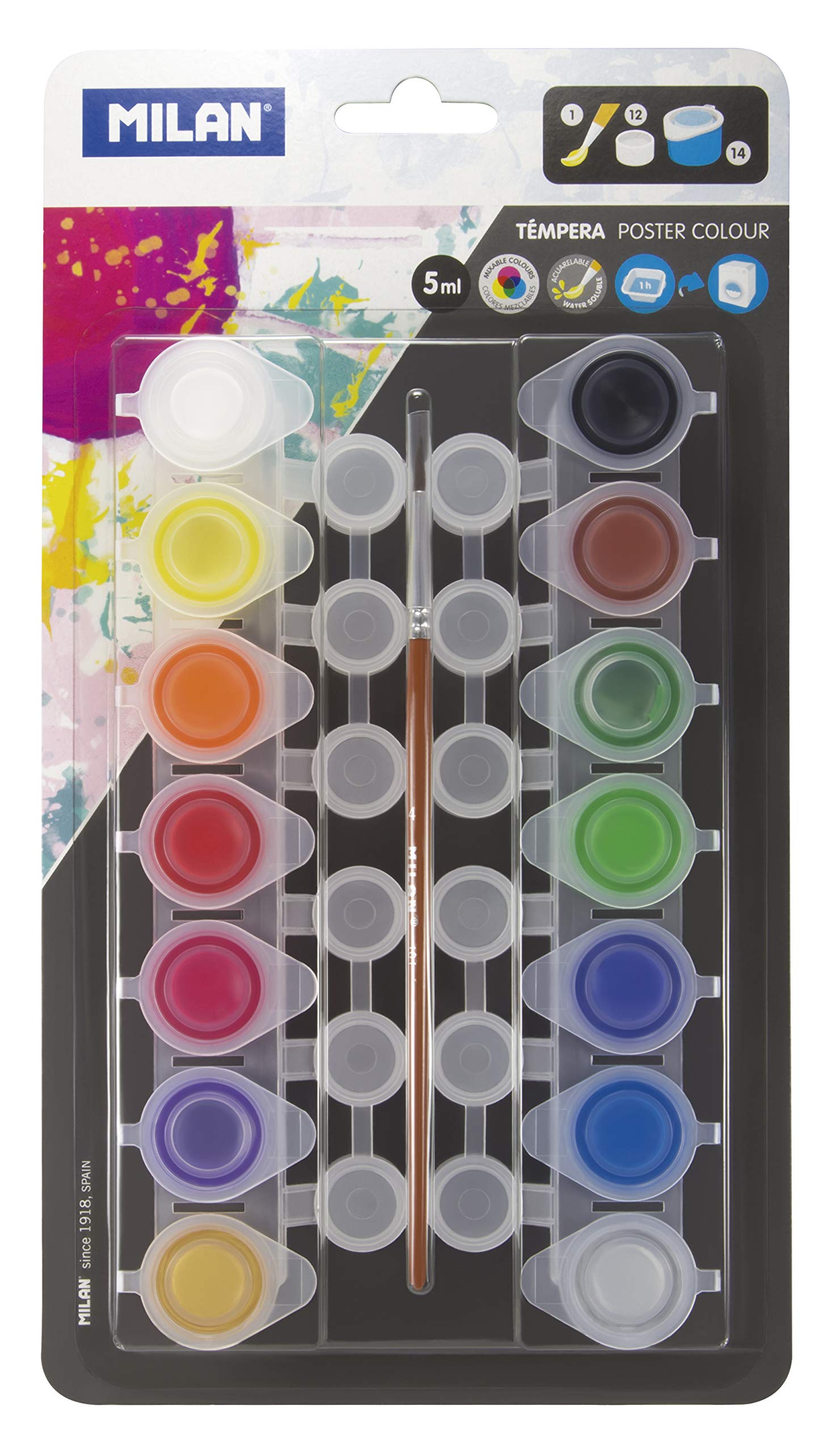 MILAN BWM10244 Blister 14 flacons de tempera 12 pots de Mélange/Pinceau 5 ml