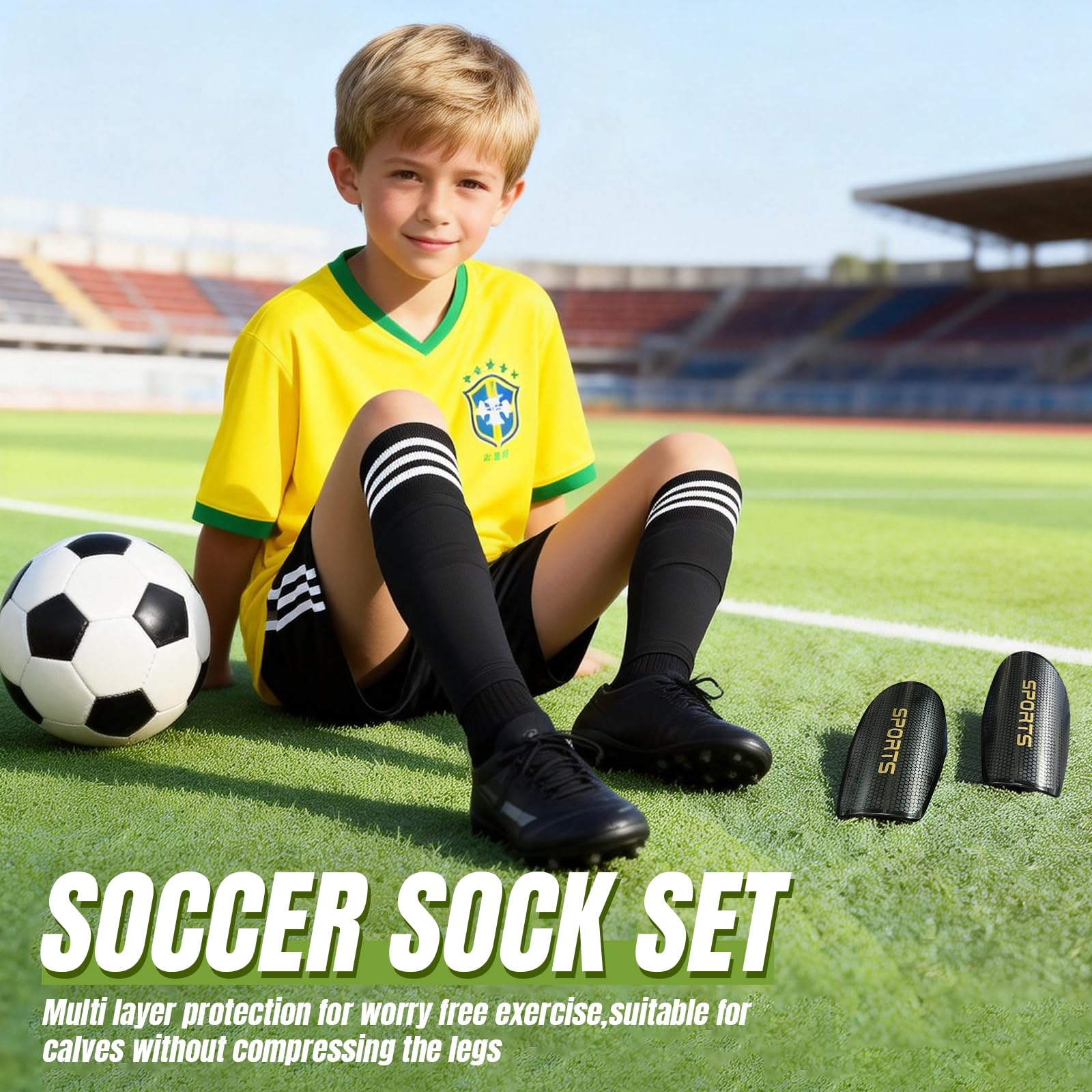 Espinilleras de fútbol para niños, jóvenes y adultos, incluye mangas optimizadas con bolsillos y calcetines de agarre, protección de fútbol para niños y niñas de 3 a 15 años (negro, M)