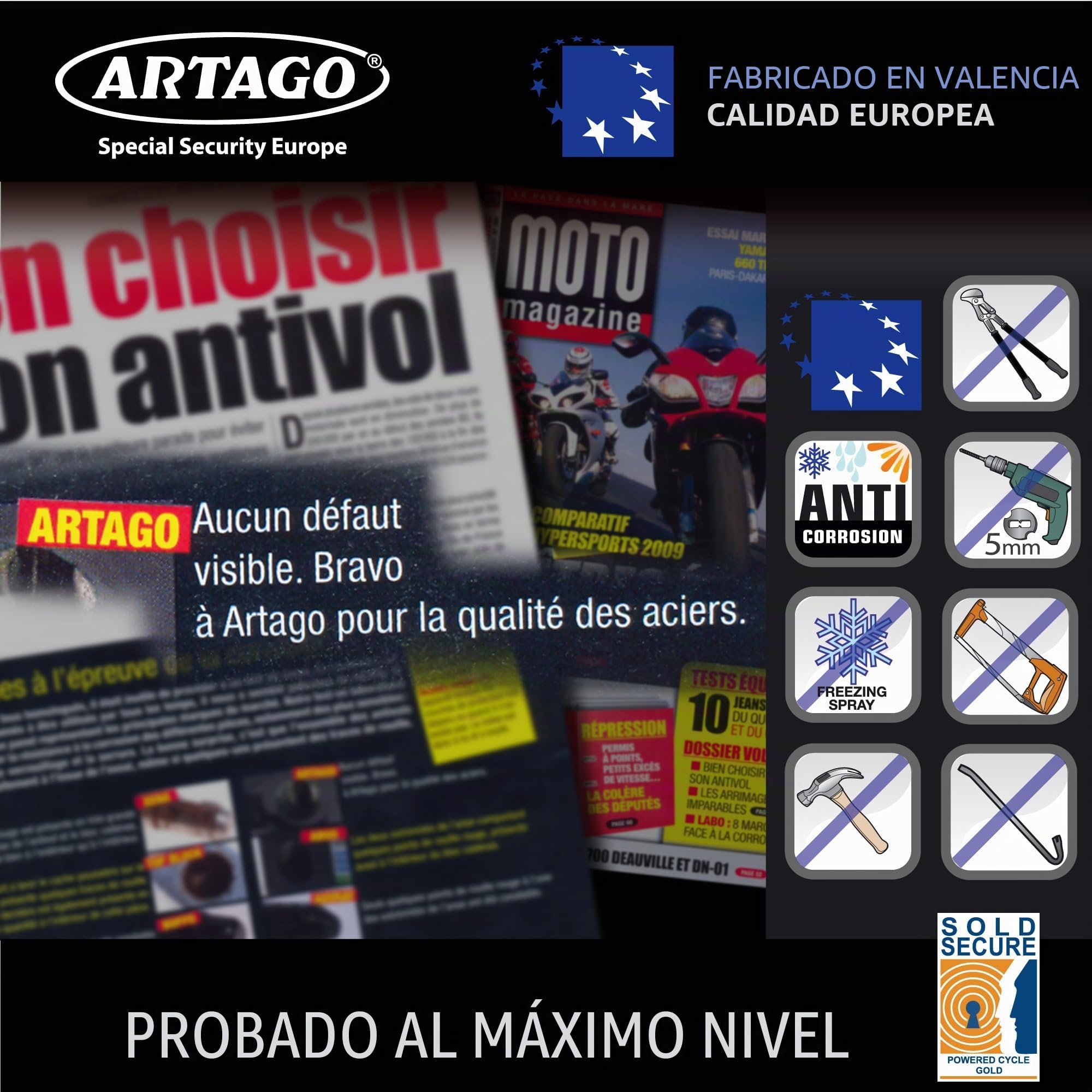 Artago 14.100 Cadena Antirrobo Moto Alta Gama, Maxima Seguridad Homologada Sold Secure Gold, BUNKER SELECTION ø15mm 100cm, Recubrimiento Nylon Antiarañazos, Antirobo para Motocicleta, Anclaje Parking