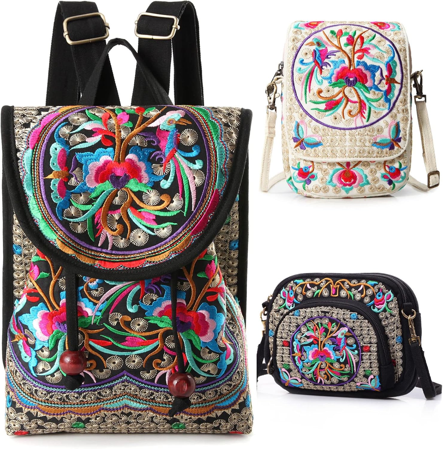 Goodhan Flowers Embroidery Canvas Crossbody Bag, Women Messenger Bag