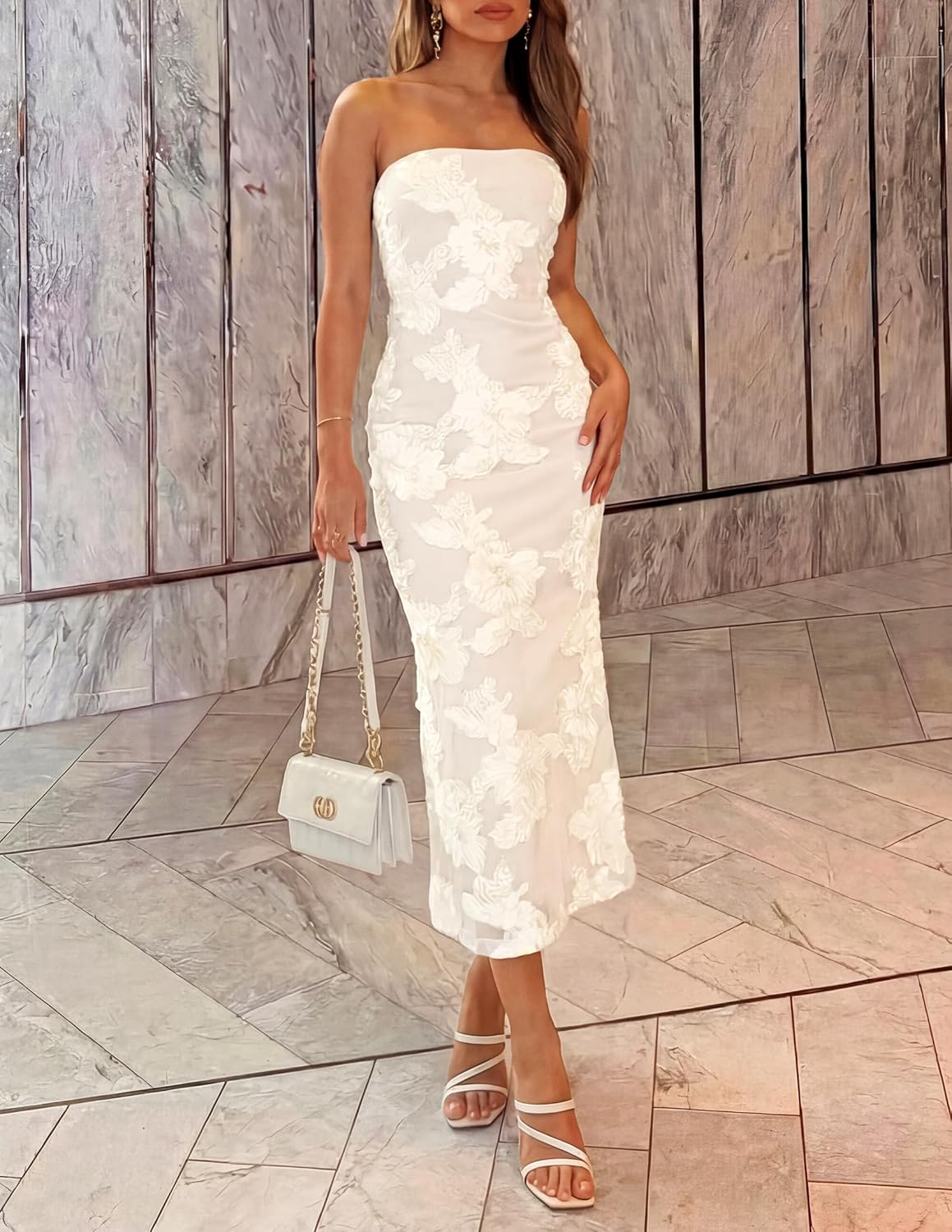 ZESICA Women's Summer Strapless Floral Midi Dress 2026 Bodycon Mesh Tube Wedding Guest Cocktail Party Formal Dresses - Image 2