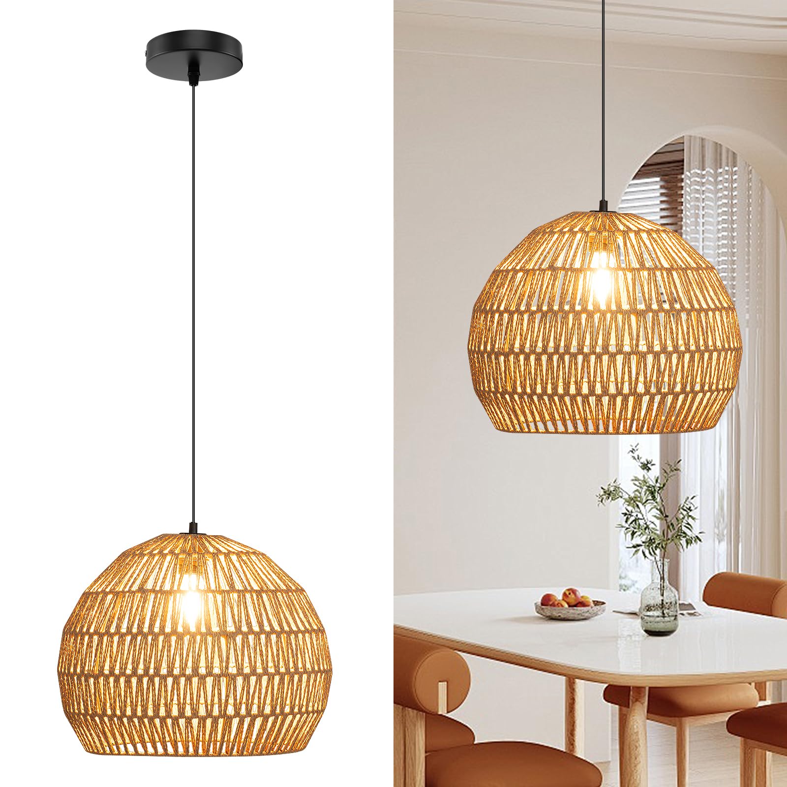 COSTWAY geflochtene Pendelleuchte, Boho Deckenleuchte mit verstellbarer Aufhänghöhe, Bauernhaus Hängelampe mit E27-Basis (Lichtquelle nicht enthalten) für Küche, Schlafzimmer, 43 x 34 cm (kaffee)