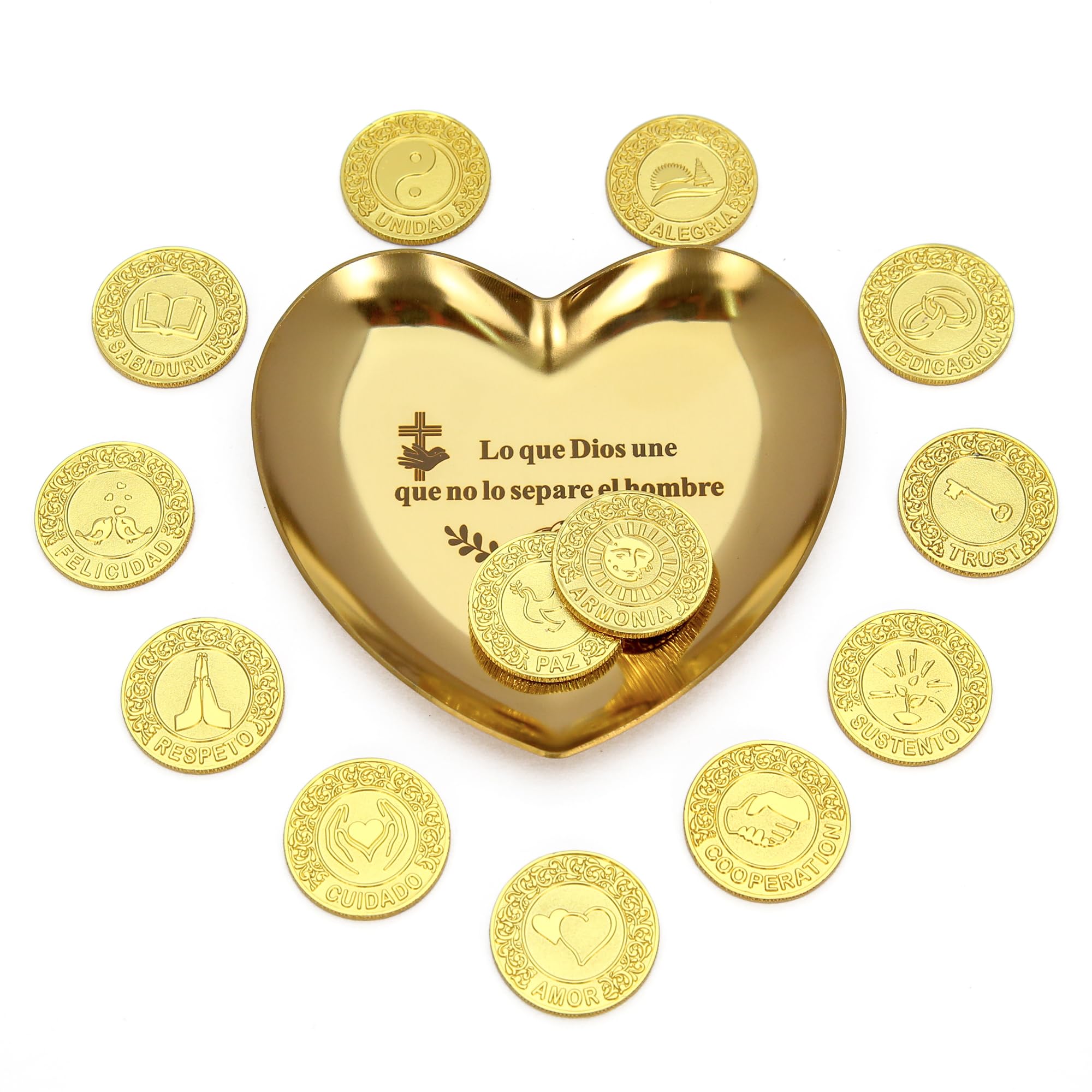 TINGKU - Arras para Boda Católica monedas de boda cristianas, 13 bendiciones únicas, recuerdos de matrimonio significativos caja de cuero Conjunto de monedas de boda española, monedas de oro PLD