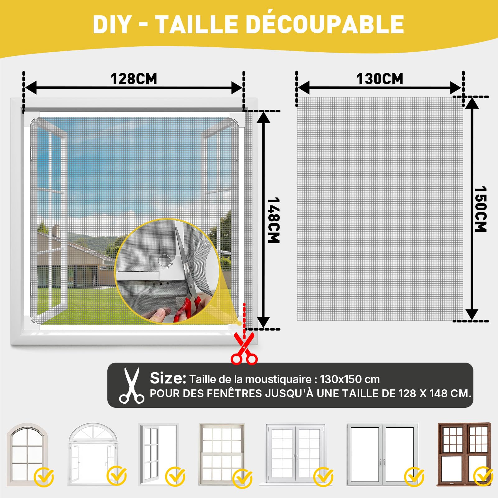 HOFUDON Moustiquaire Fenêtre Magnétique 130x150 cm,Durable Fibre de Verre, Taille Ajustable DIY,Moustiquaire Aimantée Fenetre Sans Perçage/Cadre Détachable,Aération Optimale & Vue Dégagée