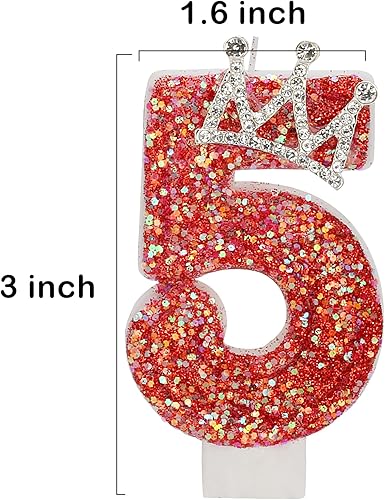Miniatura 2 de Vela de cumpleaños número 5, vela con temática de corona de princesa para fiesta de cumpleaños, vela grande de 2.76 pulgadas para el número 5,