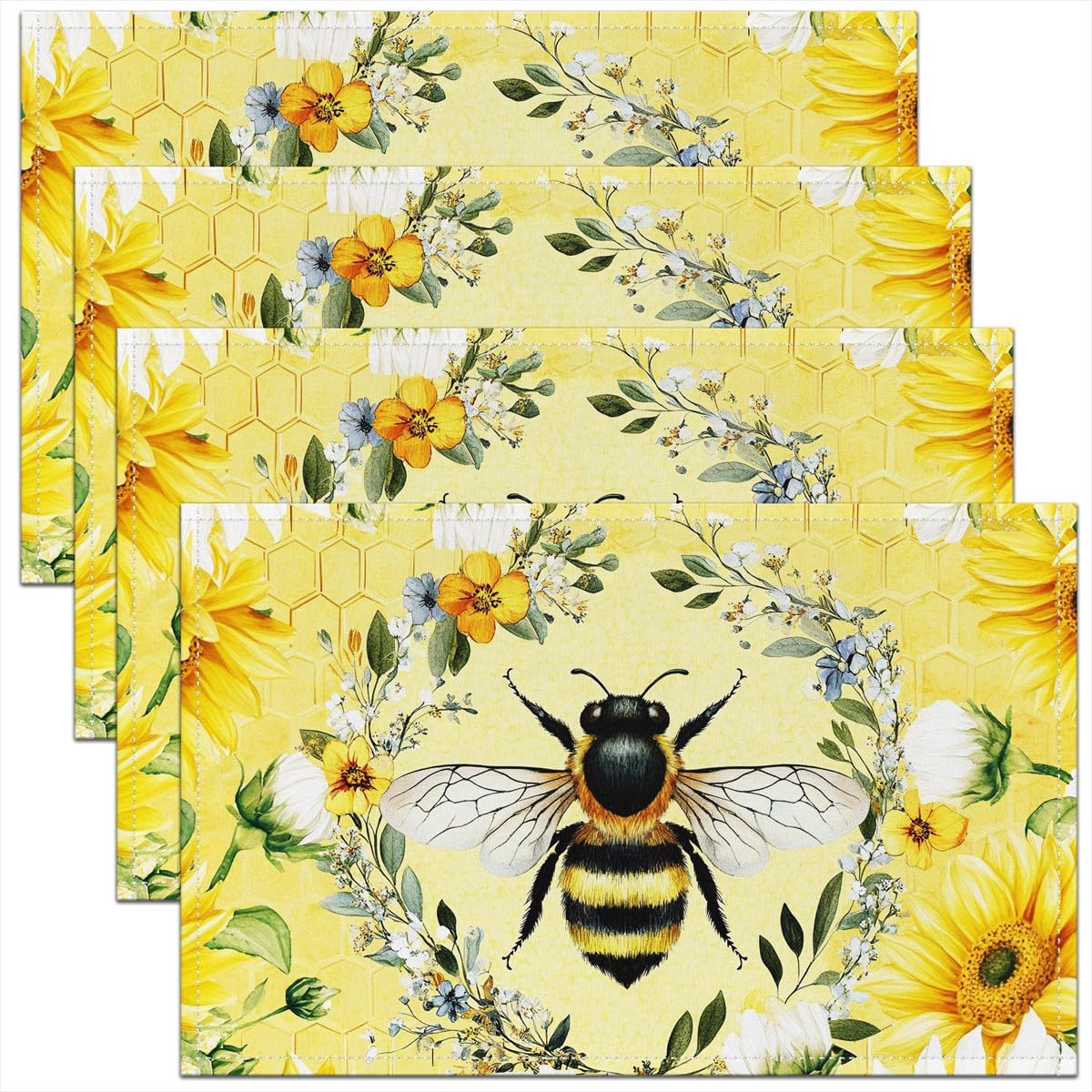 Bee Placemats for Dining Table Sunflower Table Place Mats Honeycomb Placemat 45x30cmNatural Theme Yellow Washable Fabric Table Mats Placemat