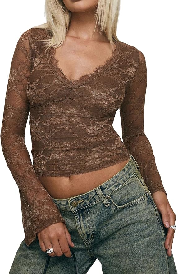 INFITTY Women's Lace Bell Sleeve Crop Tops V-Neck Long Sleeve Shirts Double Lined Slim Fit Blouses Outfits