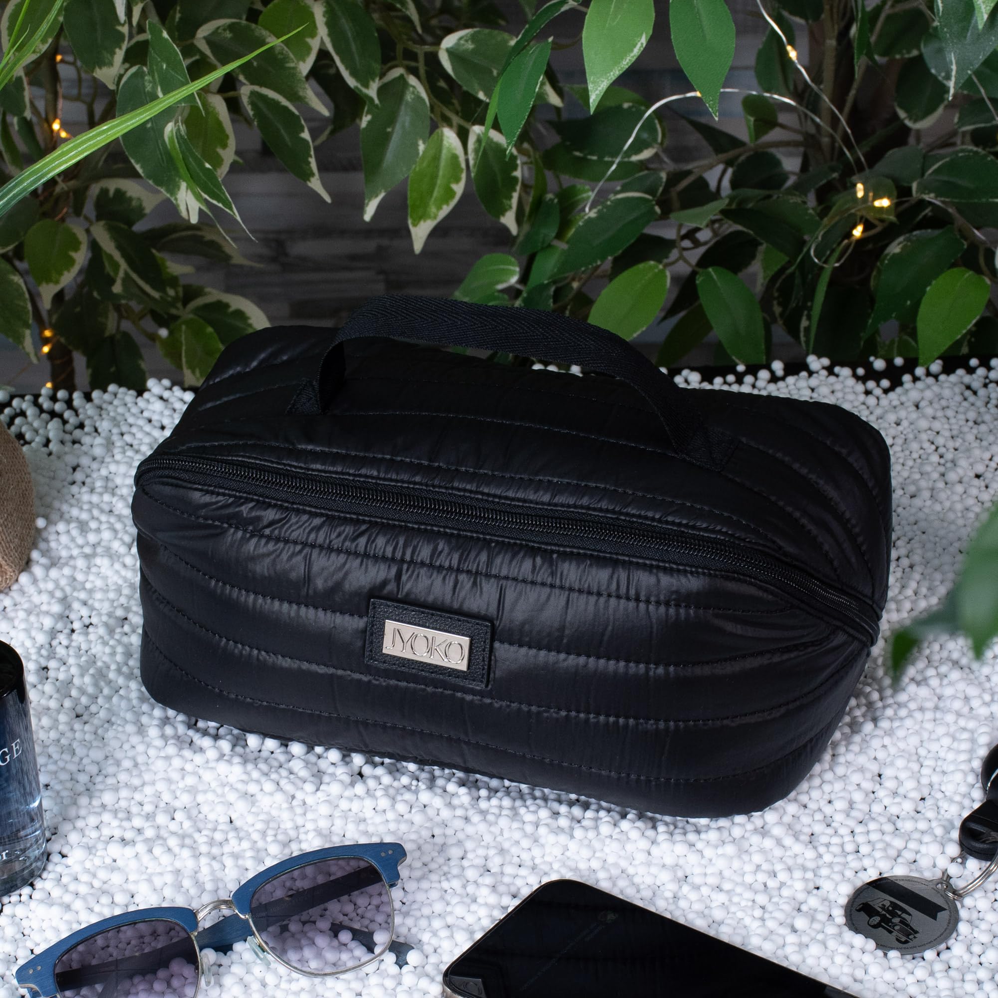 JYOKO Neceser con Múltiples Compartimentos, Bolsa de Maquillaje Elaborado con Tejido Anti Manchas, Beauty Case, Bolsa de Aseo Portable (Negro Impermeable)