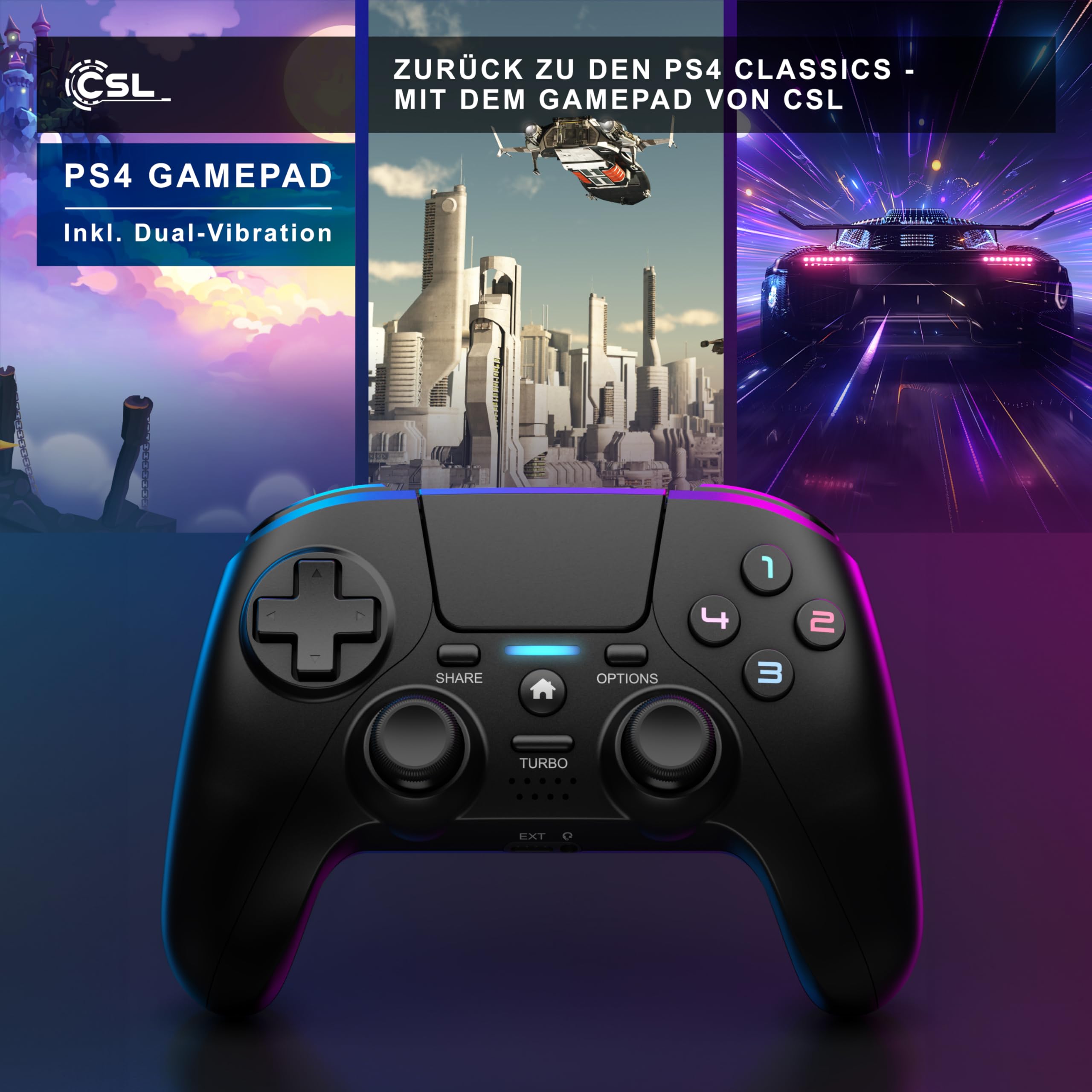 CSL - Wireless Gamepad für PC und PS4 - PC Anschluss - Wireless Controller - Dual Vibration - Headset Ausgang - Turbo Funktion - Touchpad - Share-Taste - eingebauter Lautsprecher