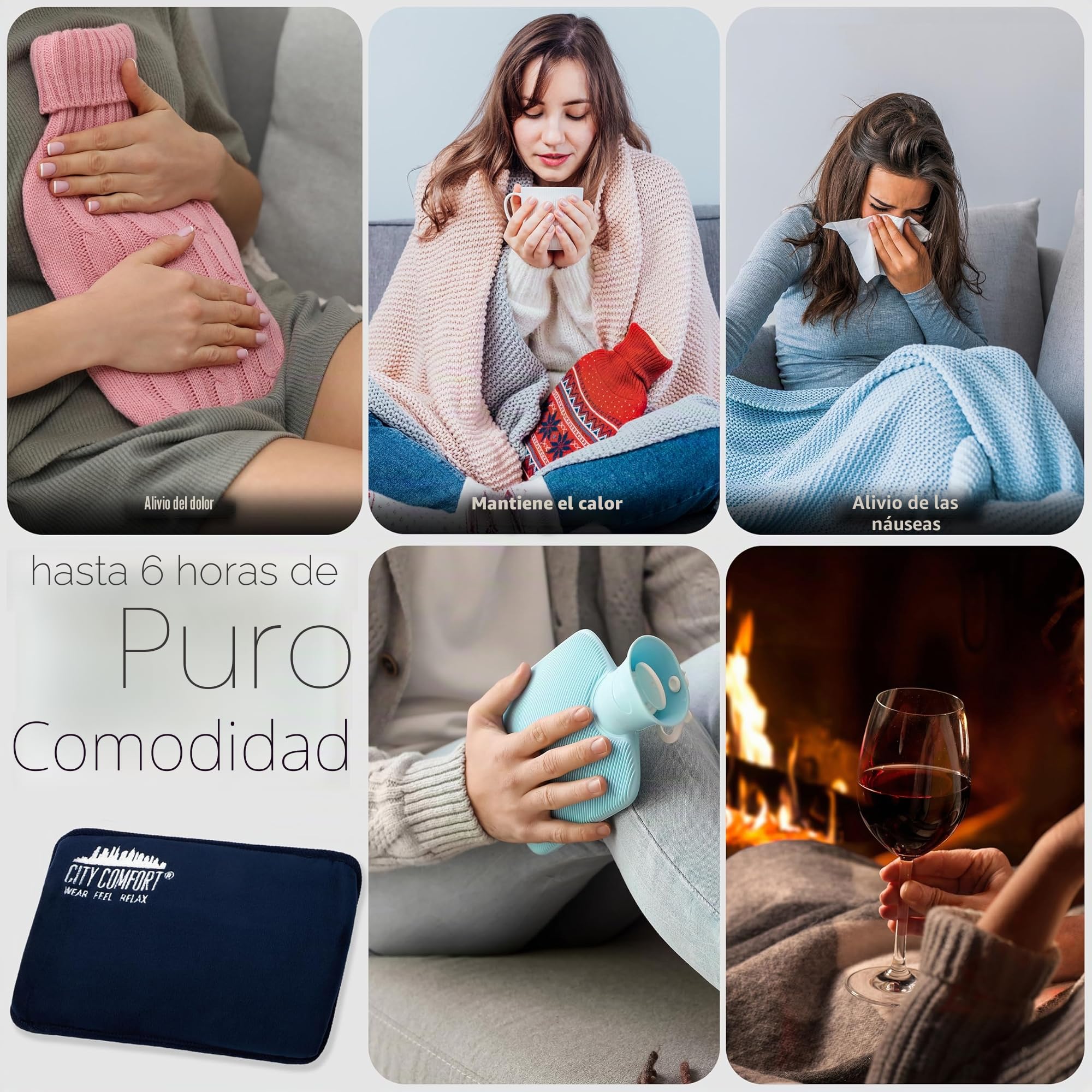 CityComfort Bolsa de Agua Caliente Eléctrica Recargable de 6 horas Saco Térmico Calor en Manos Cama y Cuerpo Hot Water Bag (Azul marino)