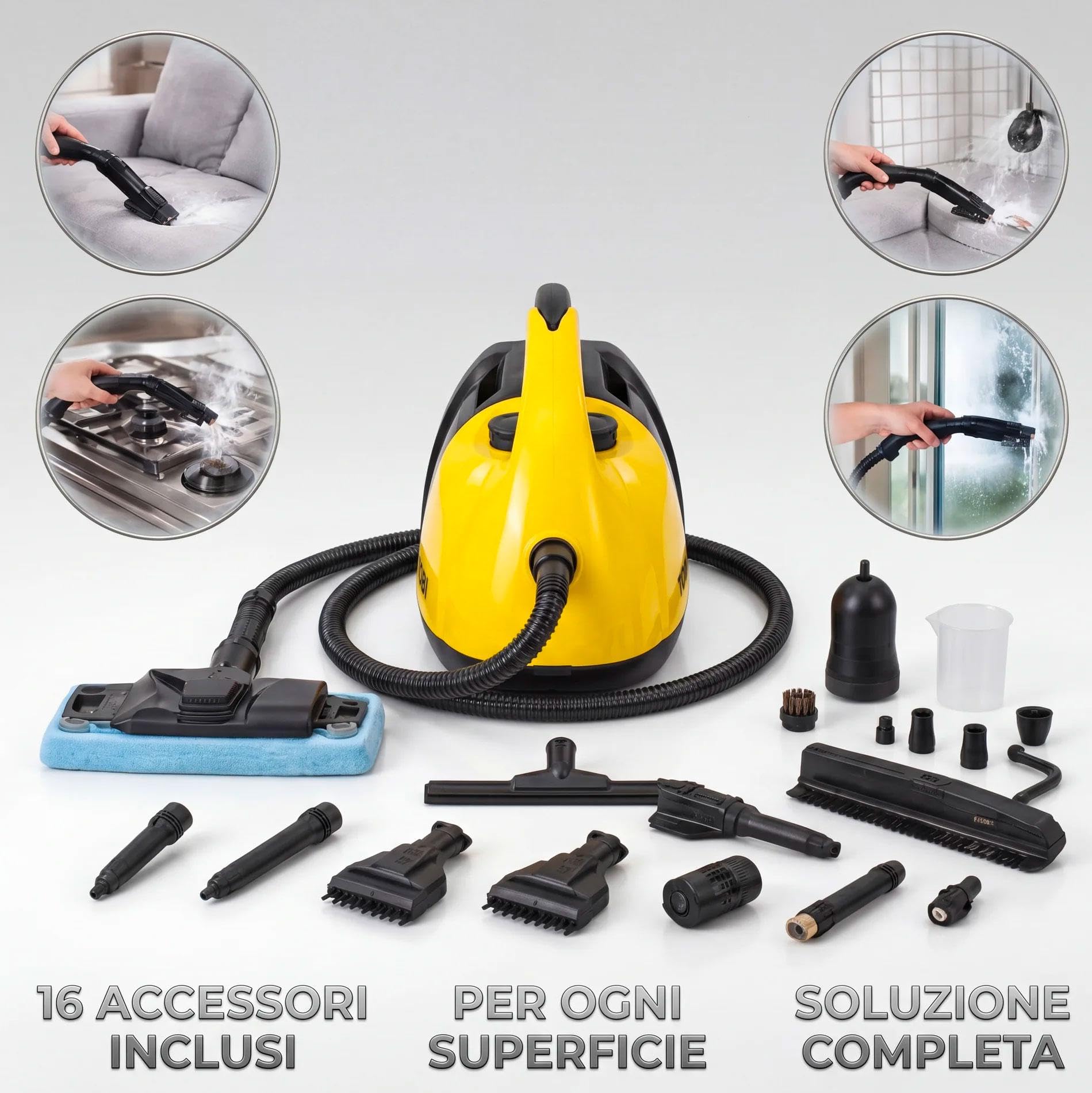081 Store - Pulitore a Vapore 1800W 16 Accessori Multifunzione per Casa – Pulizia Profonda Senza Prodotti Chimici per Divani, Materassi, Vetri, Bagno e Cucina