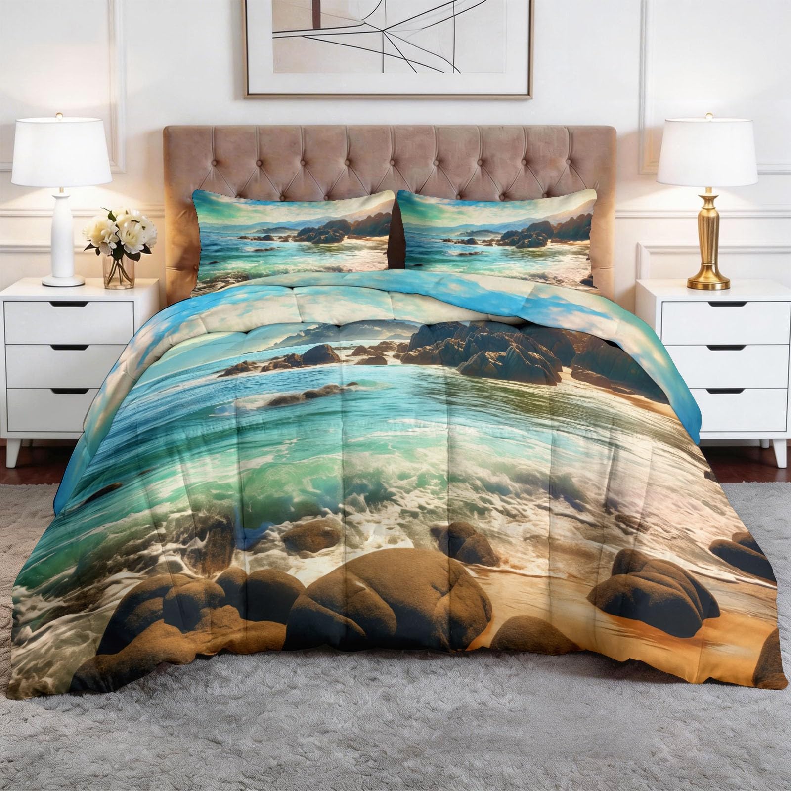 Edredón de olas del mar para noches frescas en tu dormitorio de estilo rural