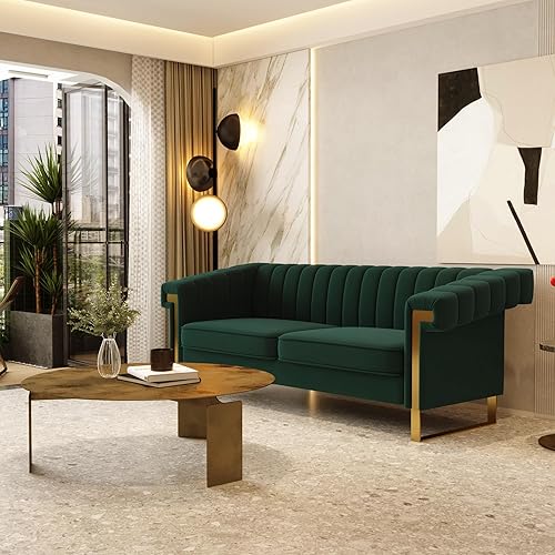 Miniatura 90 de Sofá de terciopelo verde de 83.46 pulgadas de ancho con patas metálicas doradas, sofá tapizado de brazo alto de 3 plazas para sala de estar,